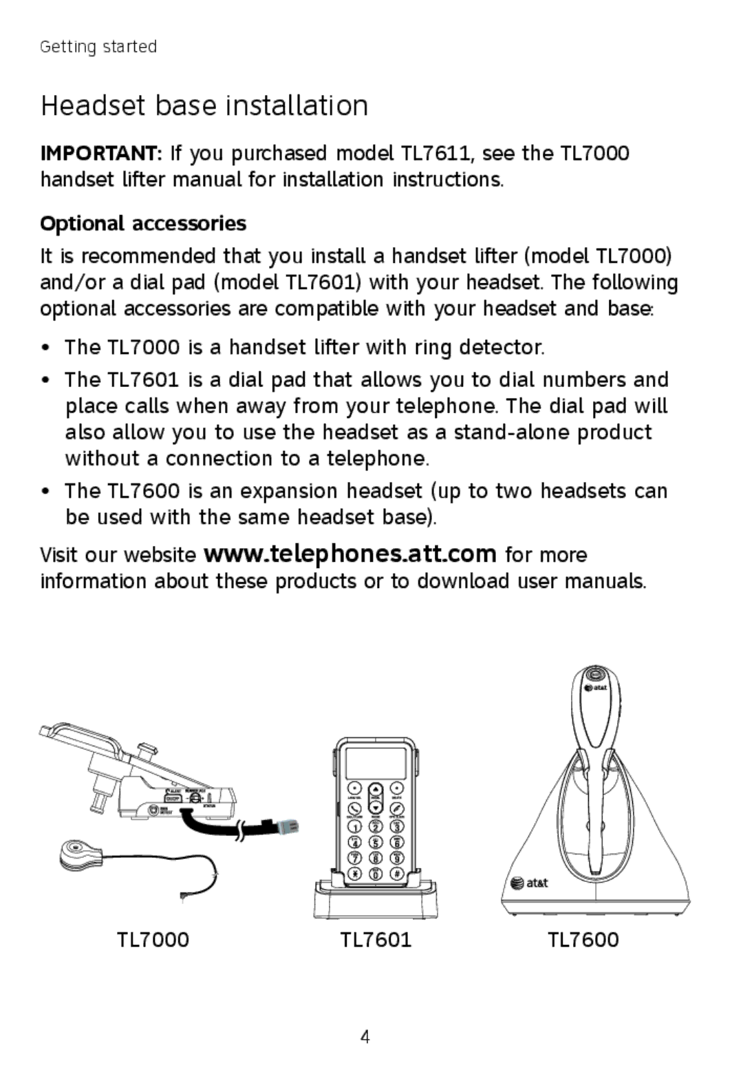 AT&T TL760 quick start Headset base installation, Optional accessories 