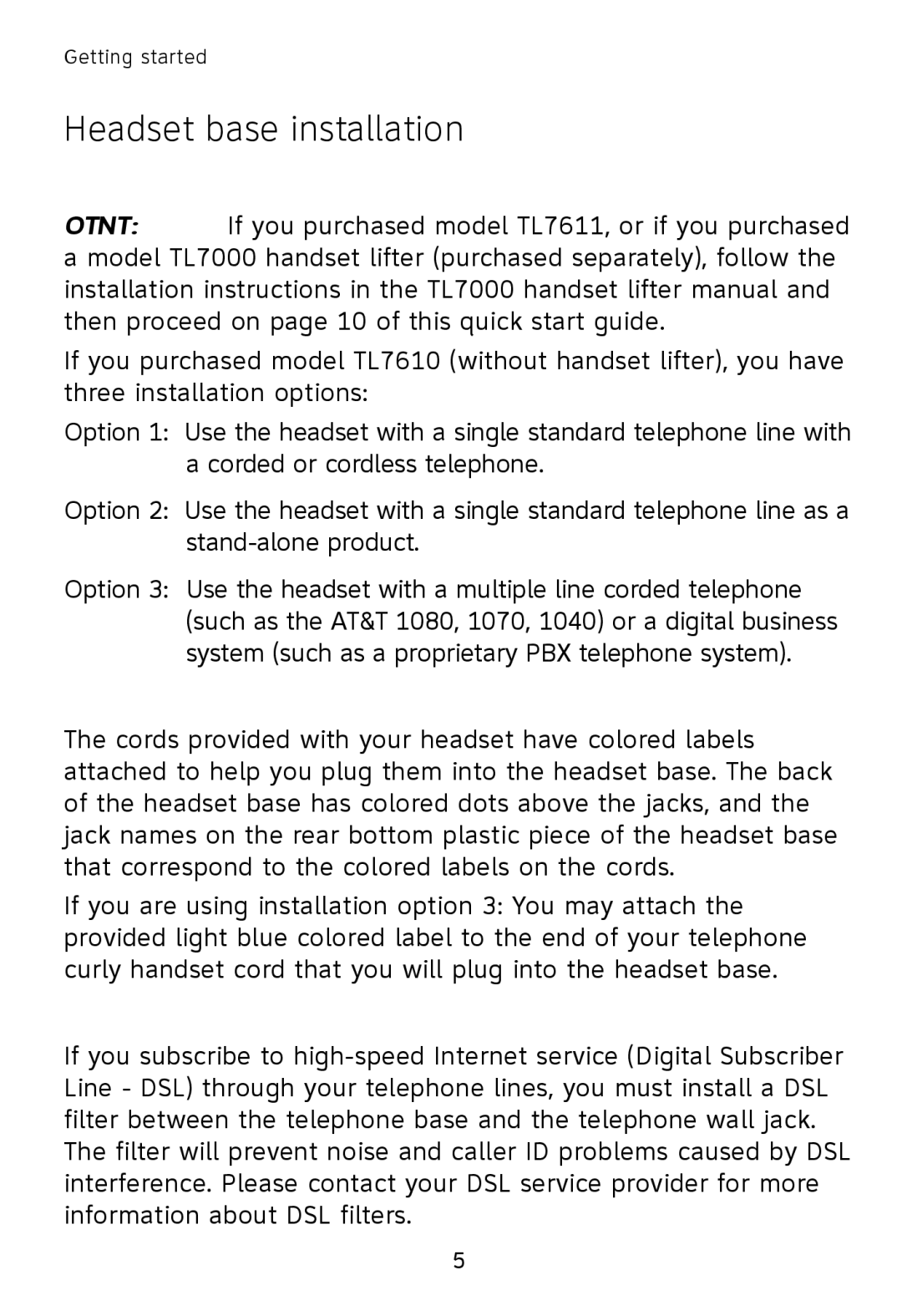 AT&T TL760 quick start Installation options, Cord labels, Digital subscriber line DSL 