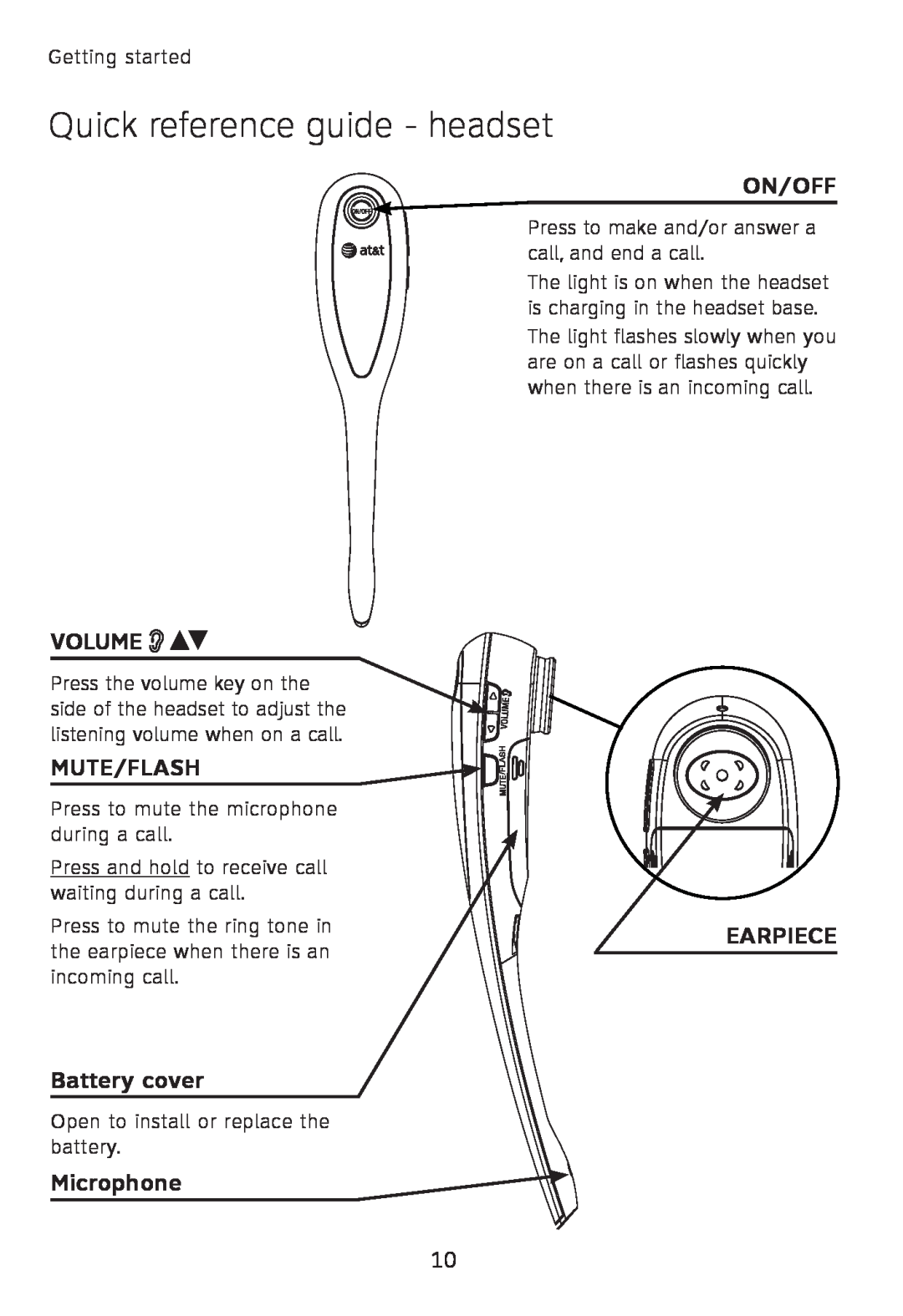 AT&T TL760 quick start Quick reference guide - headset, On/Off, Volume, Mute/Flash, Battery cover, Microphone, Earpiece 