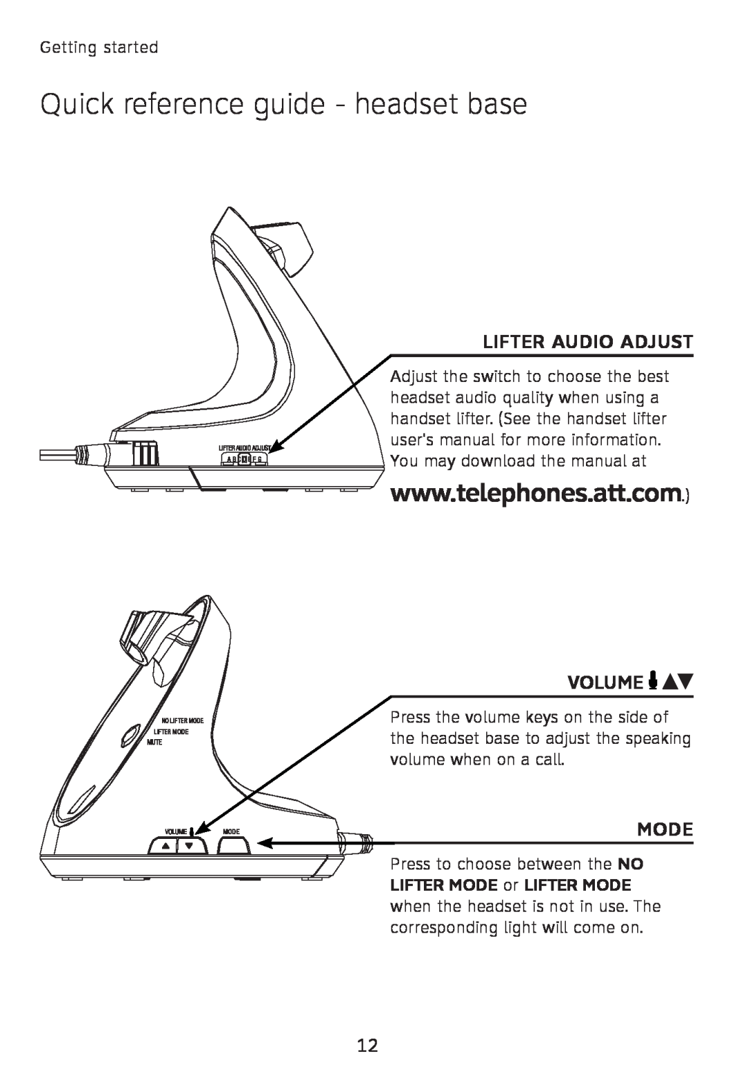 AT&T TL760 quick start Quick reference guide - headset base, Lifter Audio Adjust, Volume, Mode 