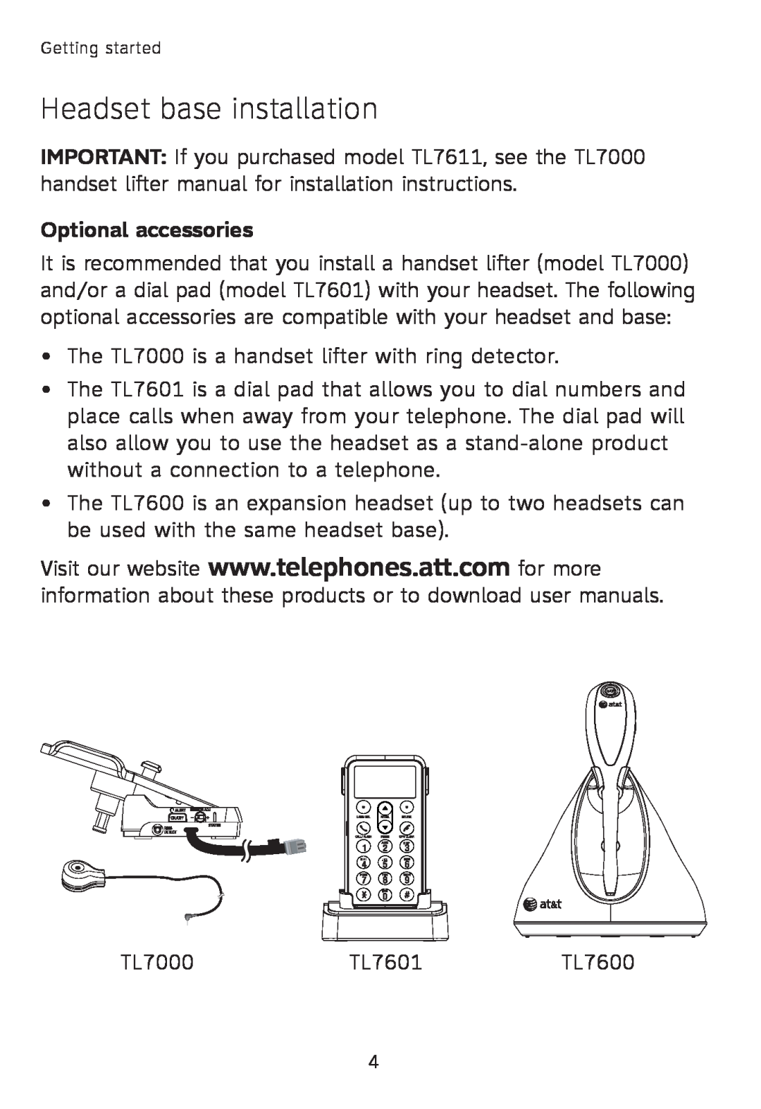 AT&T TL760 quick start Headset base installation, Optional accessories 