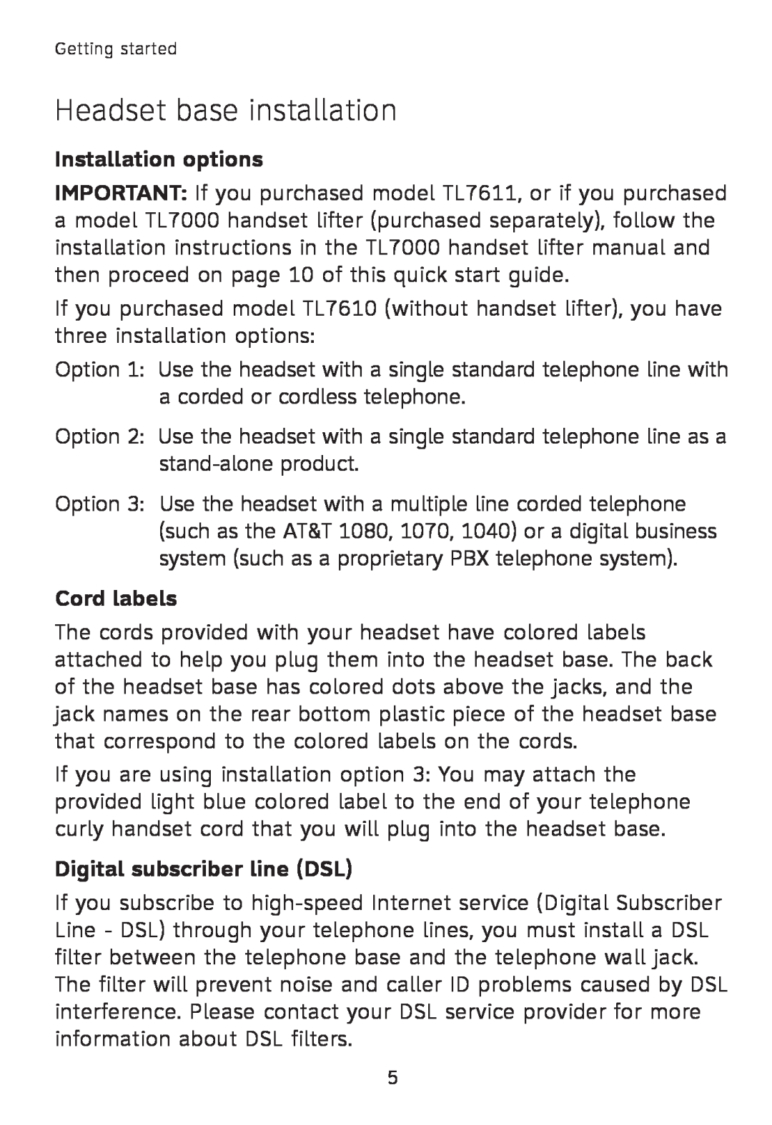 AT&T TL760 quick start Installation options, Cord labels, Digital subscriber line DSL, Headset base installation 