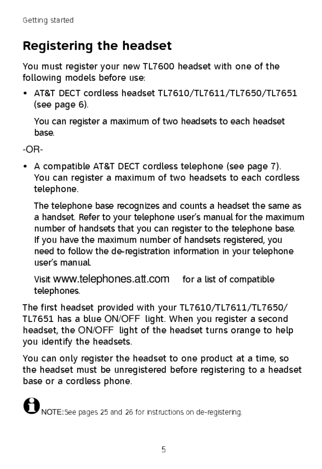 AT&T TL7600 user manual Registering the headset 