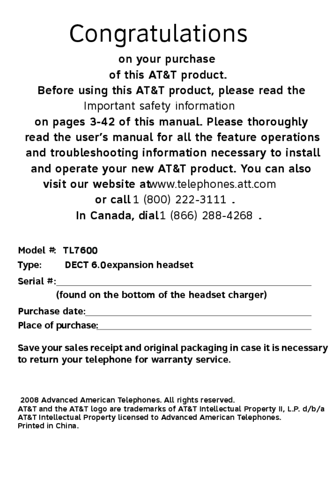 AT&T TL7600 user manual Congratulations 