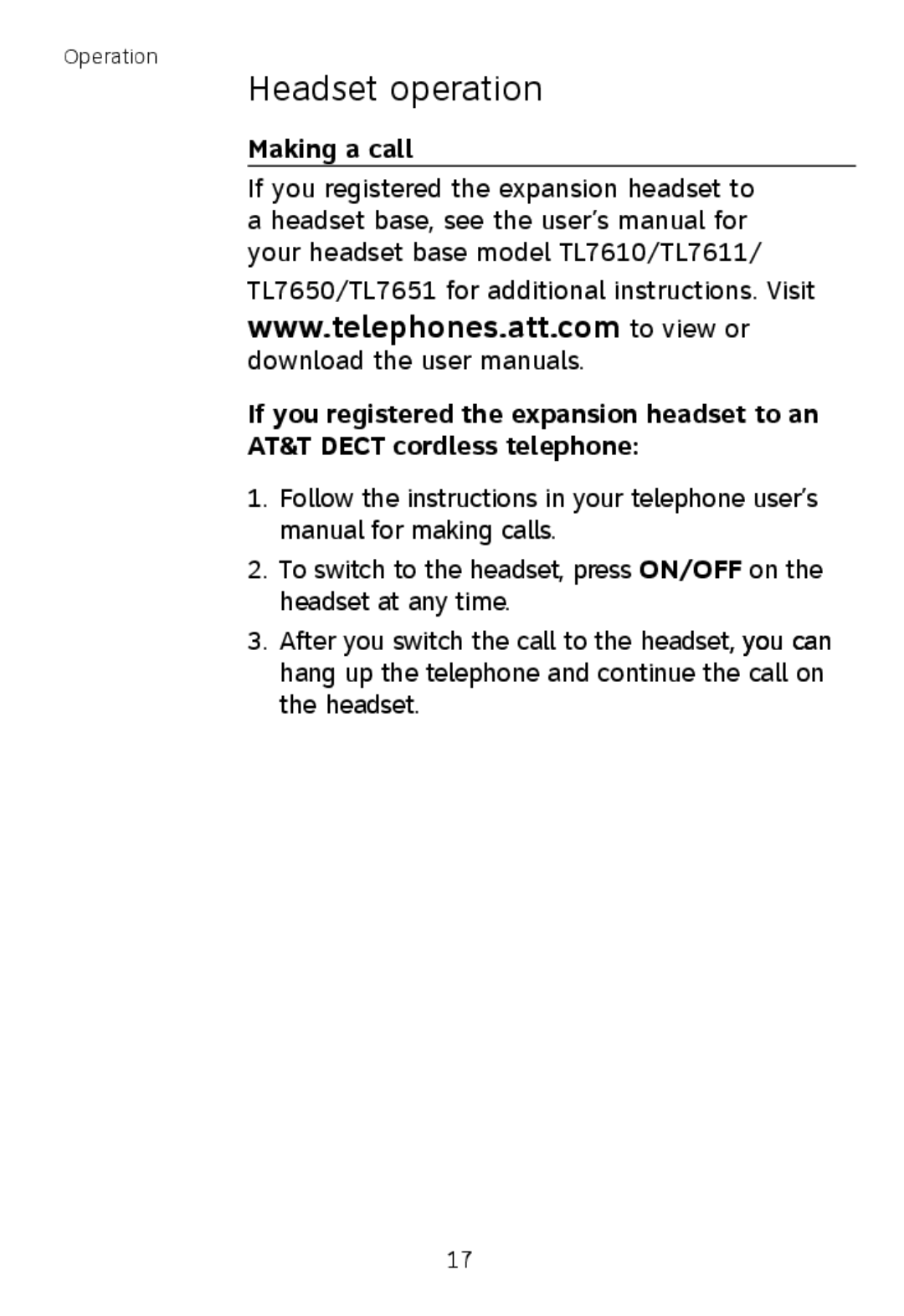 AT&T TL7600 user manual Headset operation, Making a call 