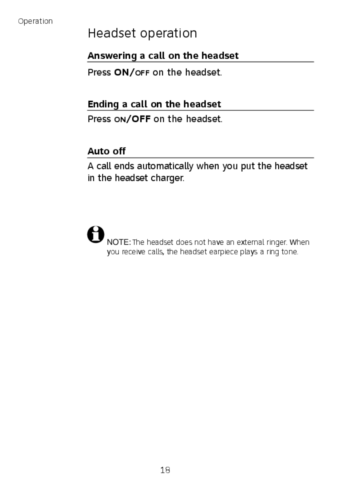 AT&T TL7600 user manual Answering a call on the headset, Ending a call on the headset, Auto off 