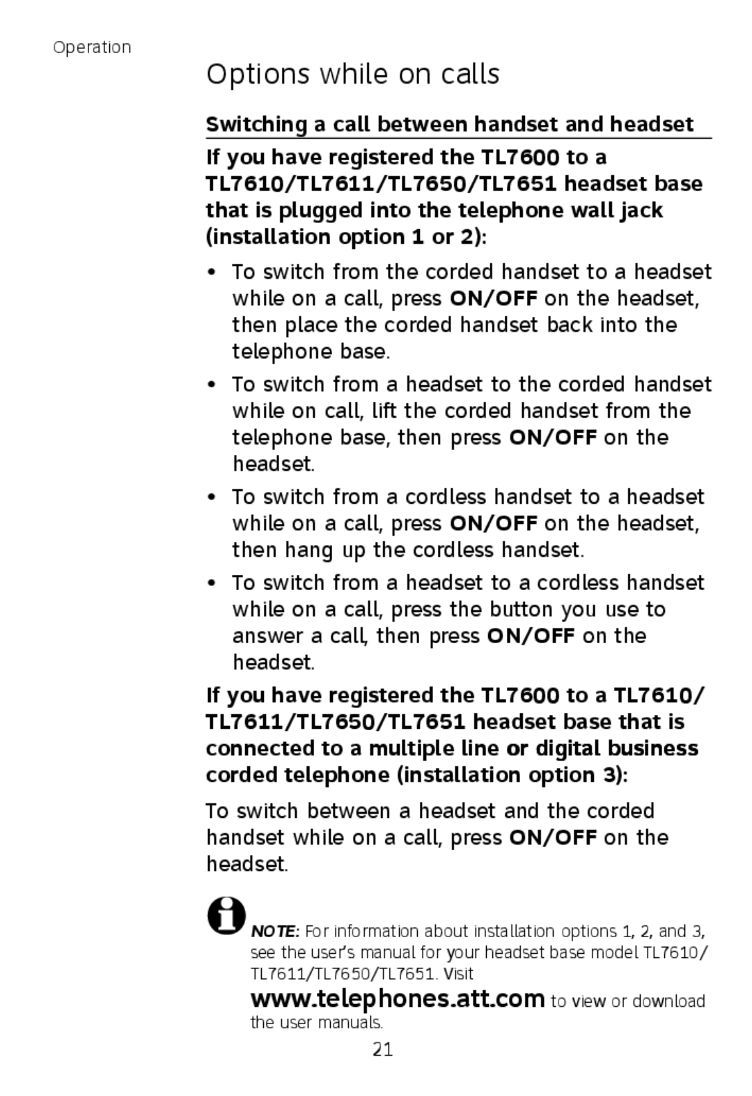 AT&T TL7600 user manual Options while on calls 