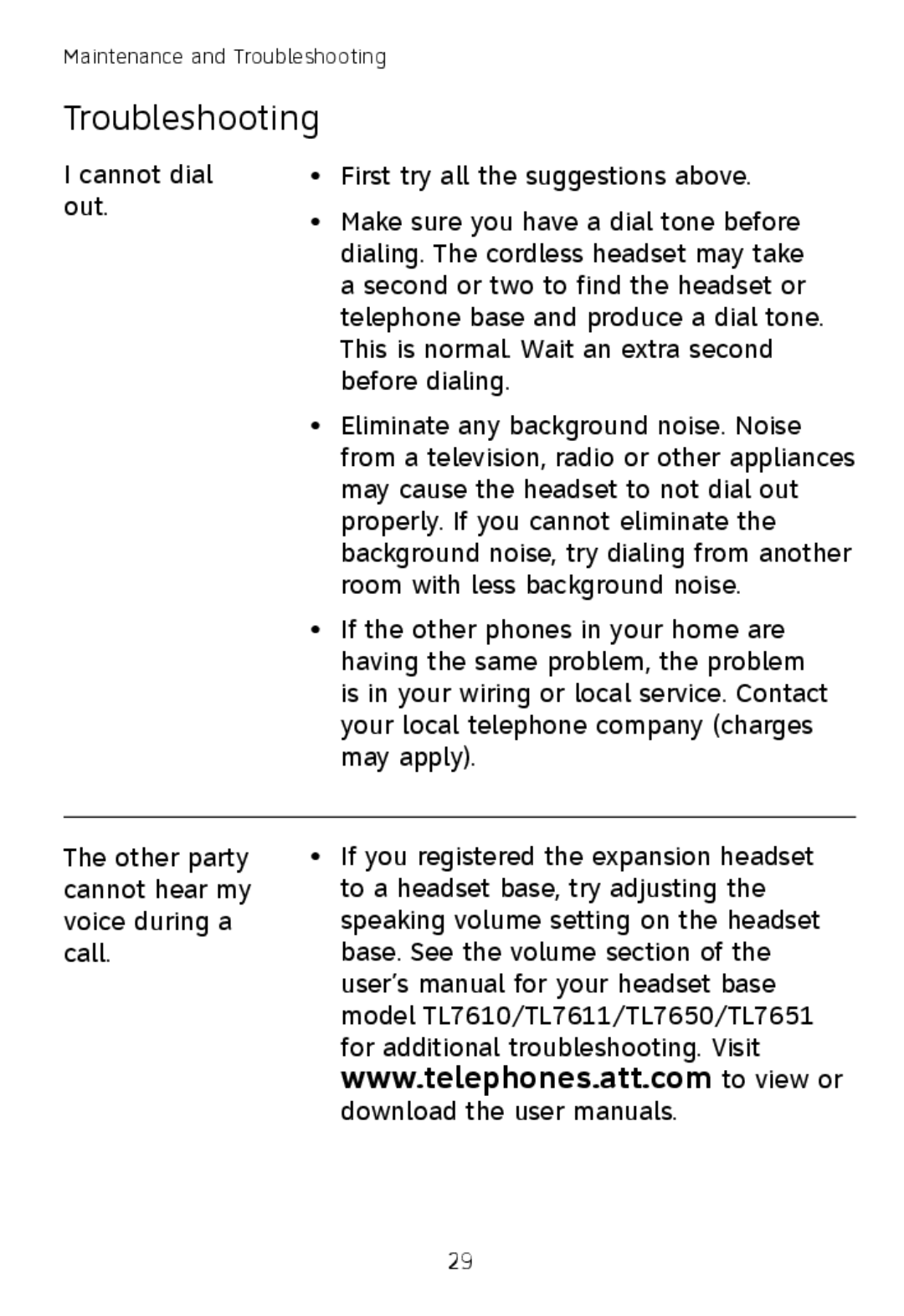 AT&T TL7600 user manual Troubleshooting 