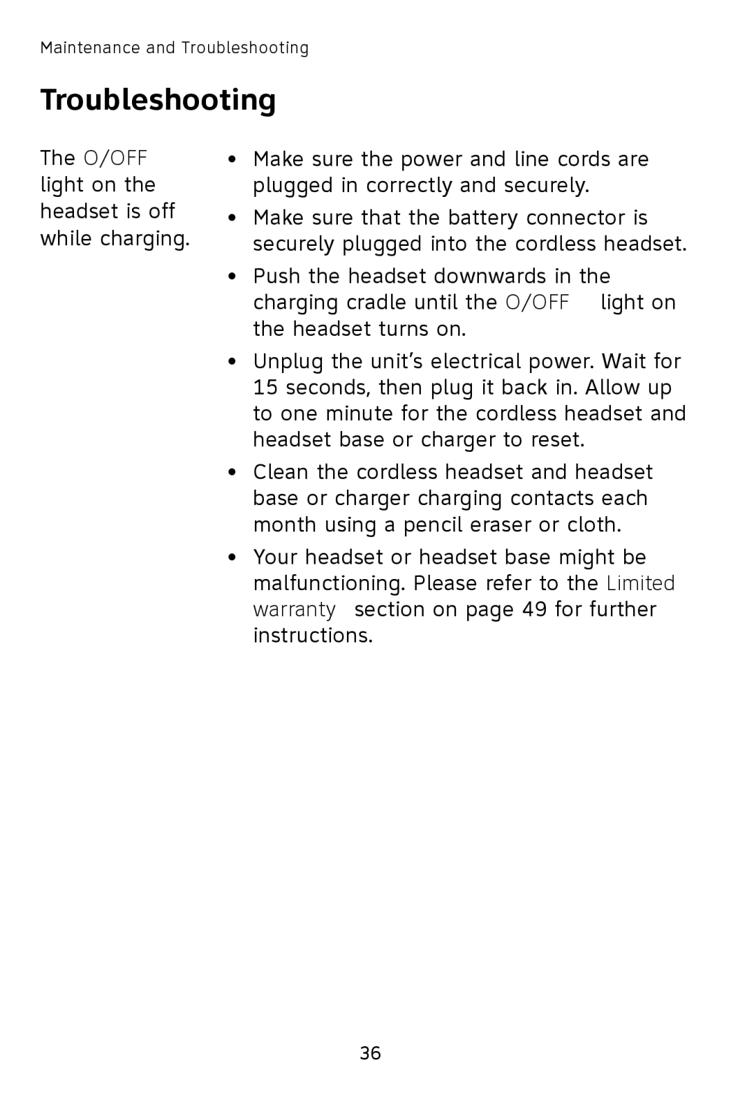 AT&T TL7600 user manual ON/OFF light on the headset is off while charging 