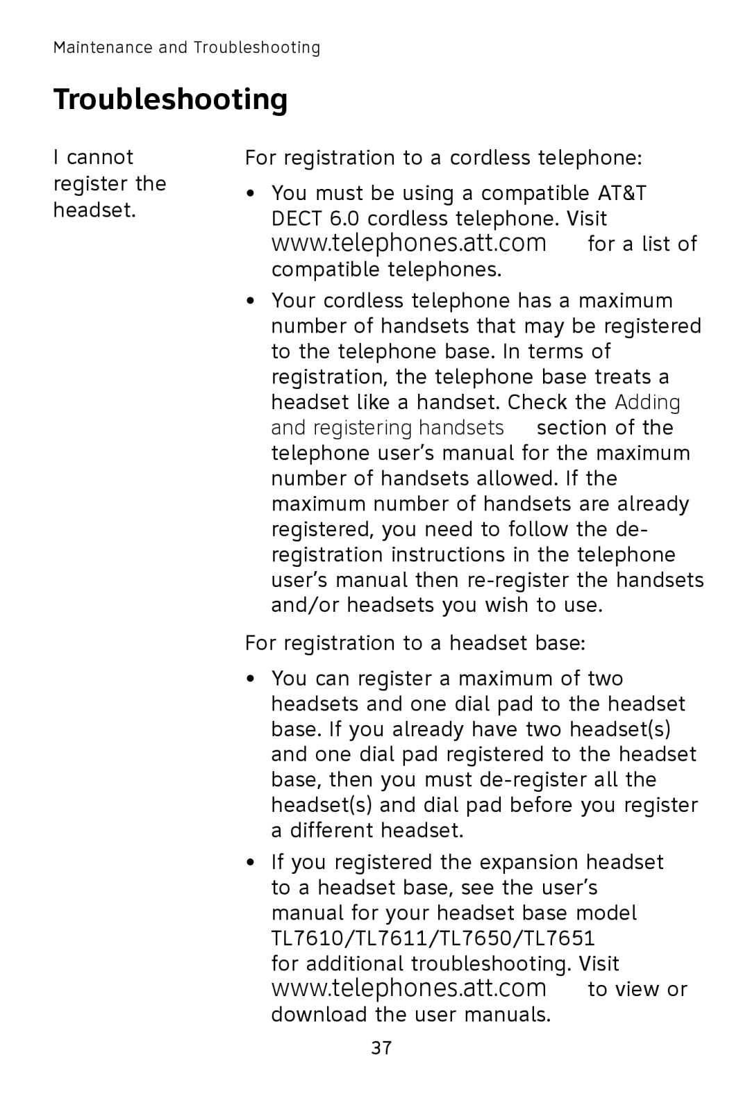 AT&T TL7600 user manual Troubleshooting 