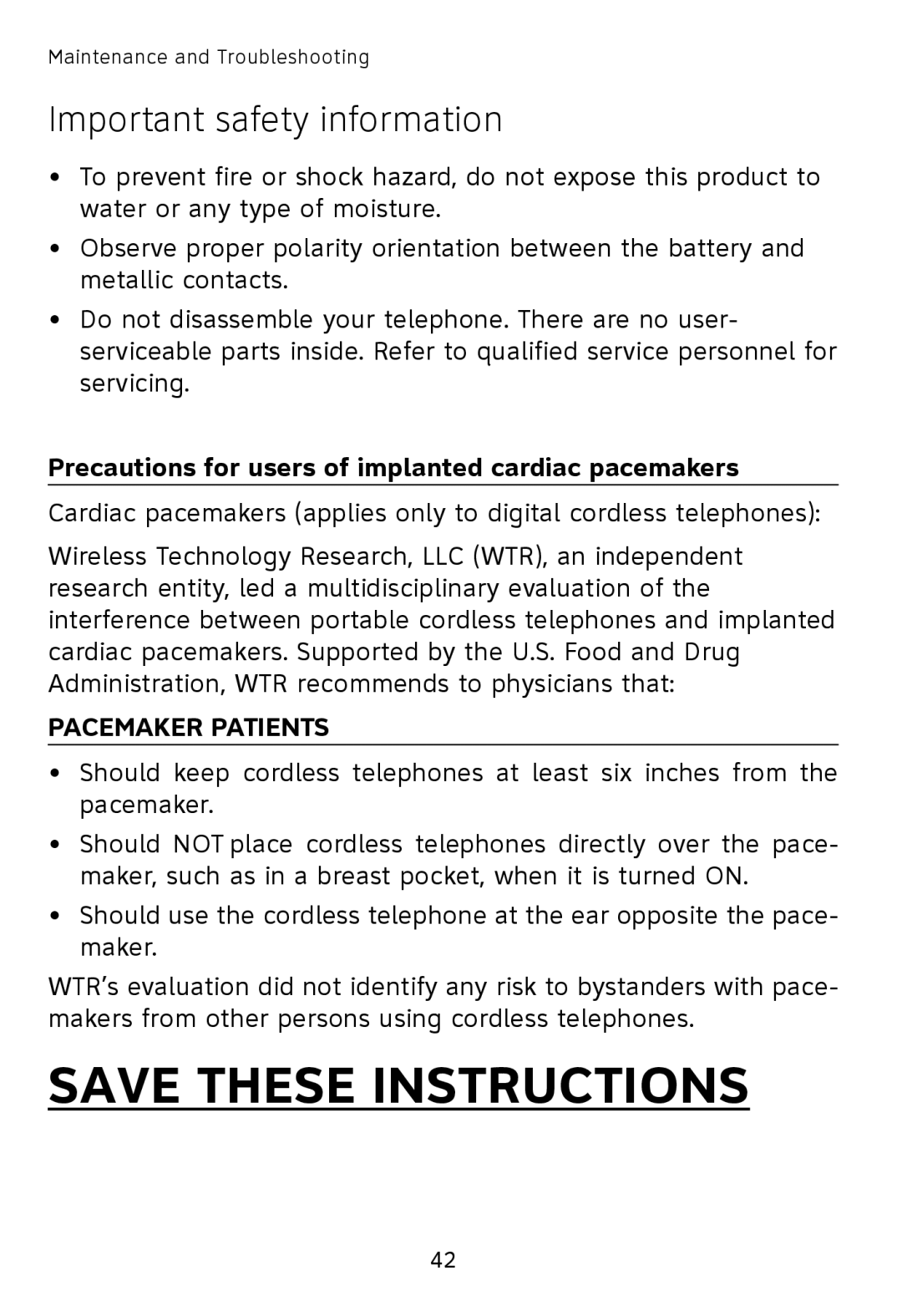 AT&T TL7600 user manual Precautions for users of implanted cardiac pacemakers, Pacemaker Patients 