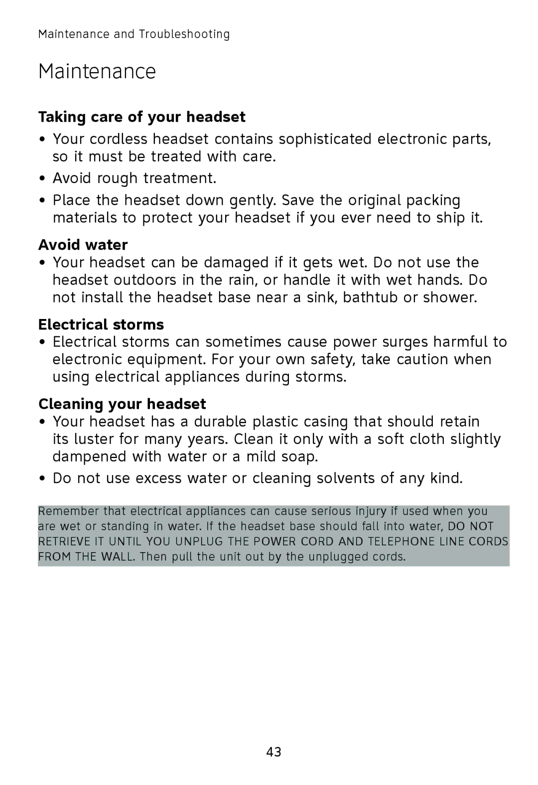 AT&T TL7600 user manual Maintenance, Taking care of your headset, Avoid water, Electrical storms, Cleaning your headset 