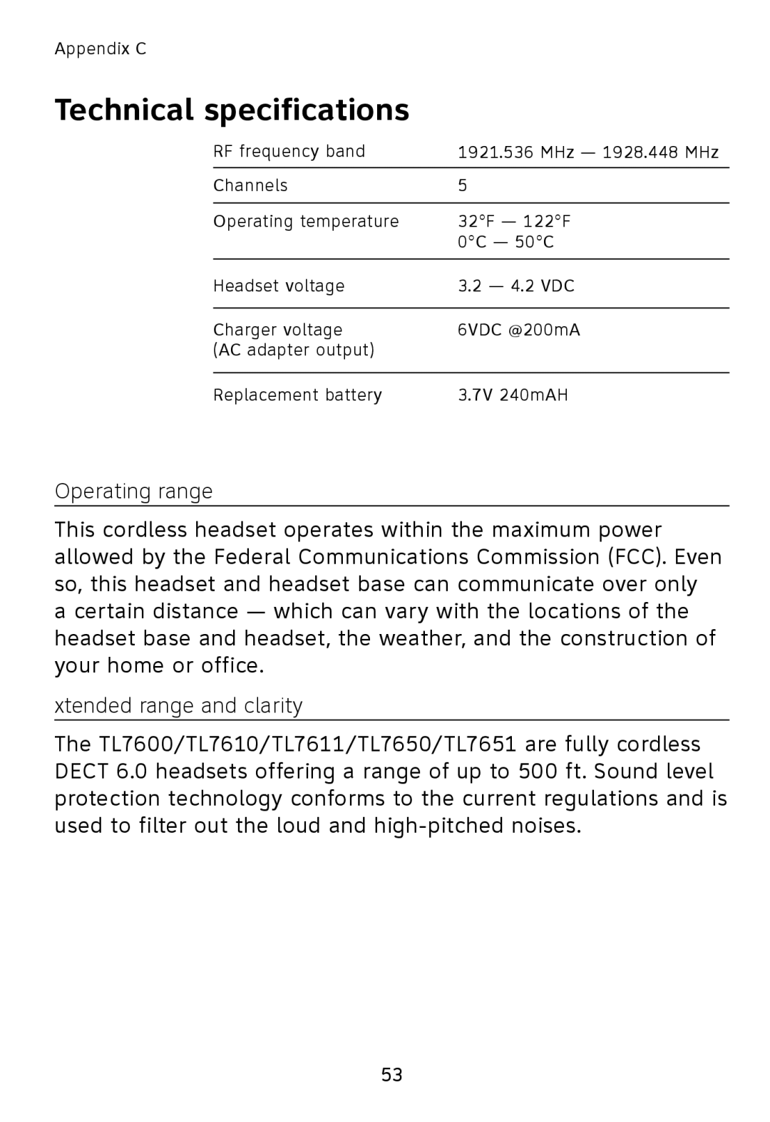 AT&T TL7600 user manual Technical specifications, Operating range, Extended range and clarity 