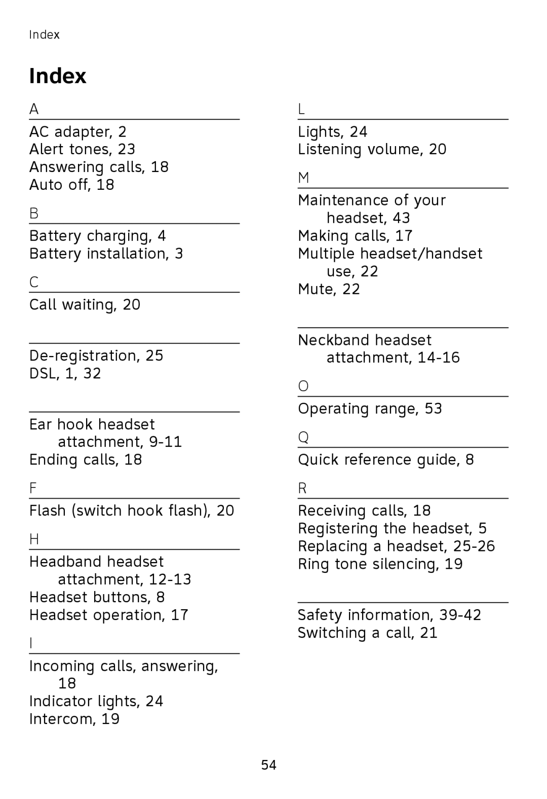 AT&T TL7600 user manual Index 