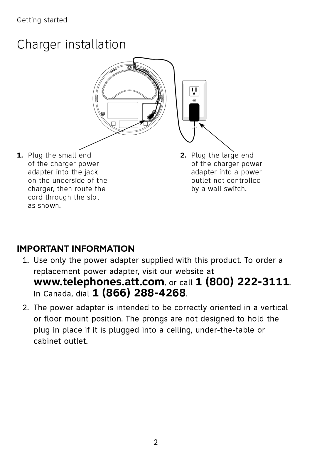 AT&T TL7600 user manual Charger installation, Important Information 