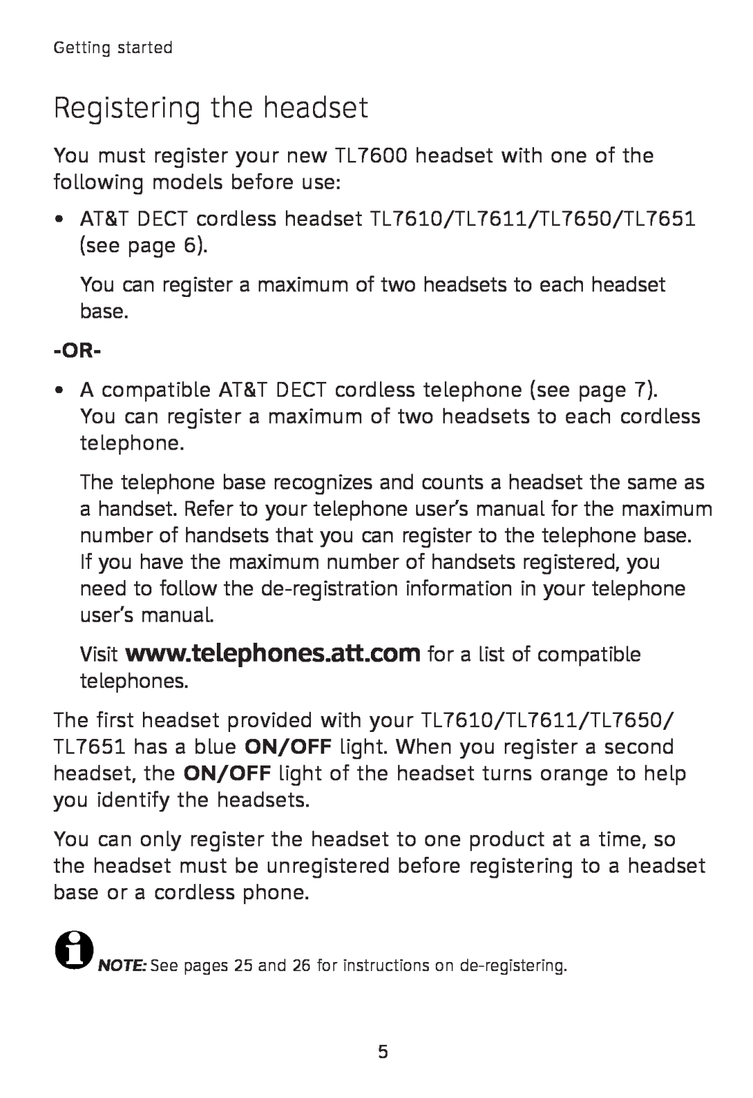 AT&T TL7600 user manual Registering the headset 