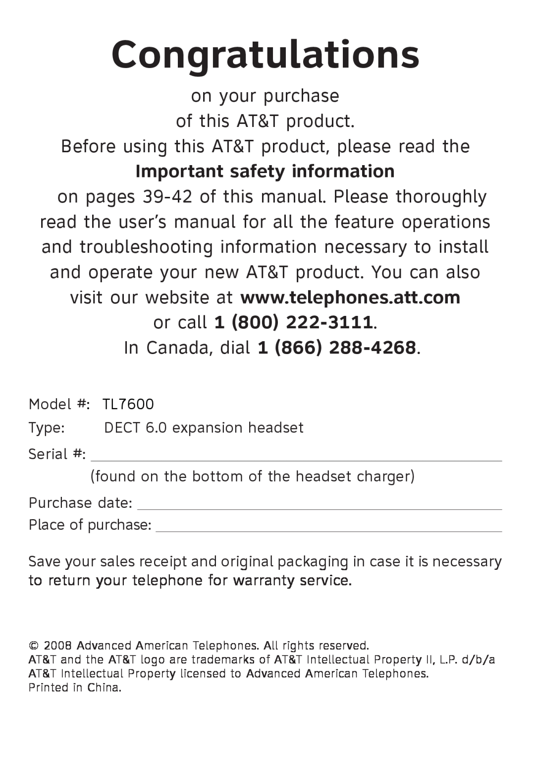 AT&T TL7600 user manual Congratulations, Important safety information, or call 