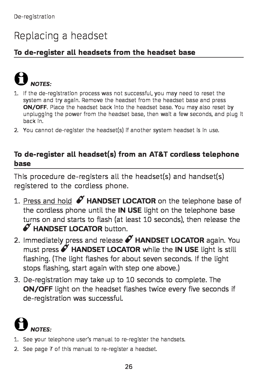 AT&T TL7600 user manual Replacing a headset, To de-registerall headsets from the headset base 