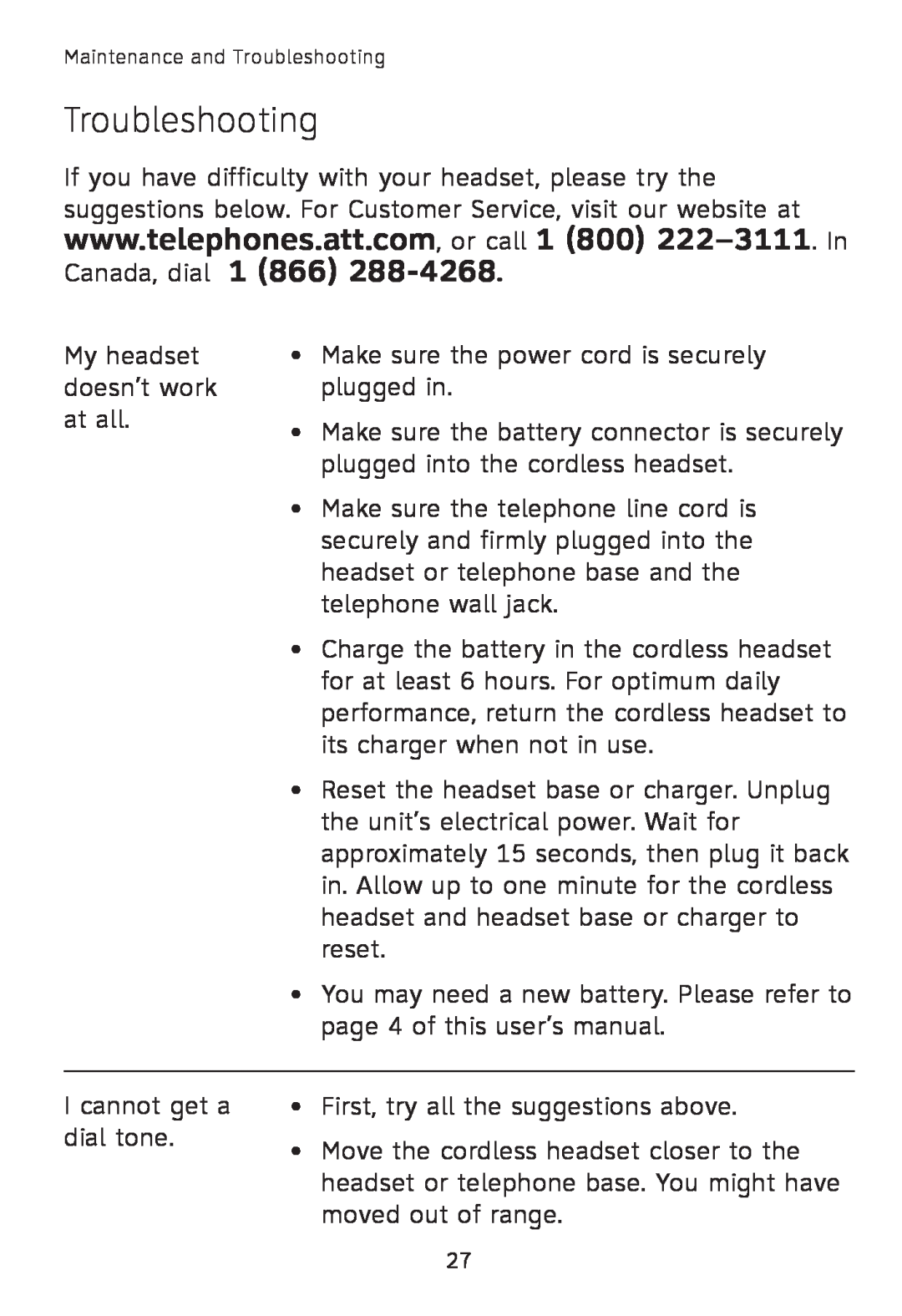 AT&T TL7600 user manual Troubleshooting 