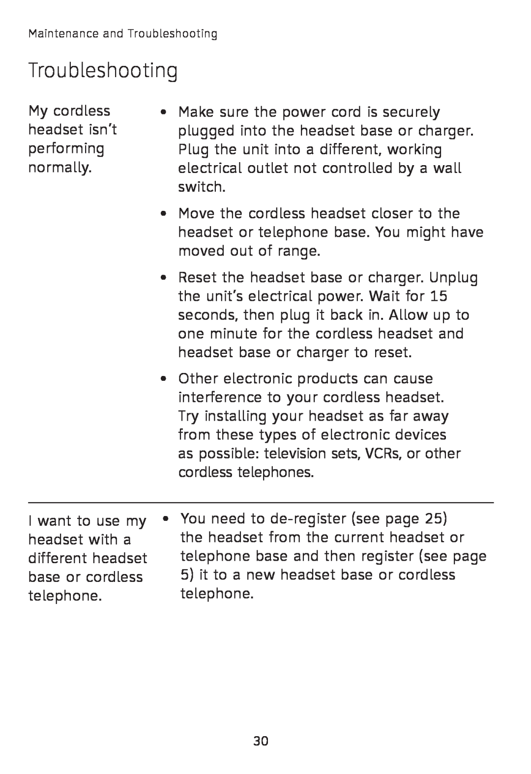 AT&T TL7600 user manual Troubleshooting, My cordless headset isn’t performing normally 