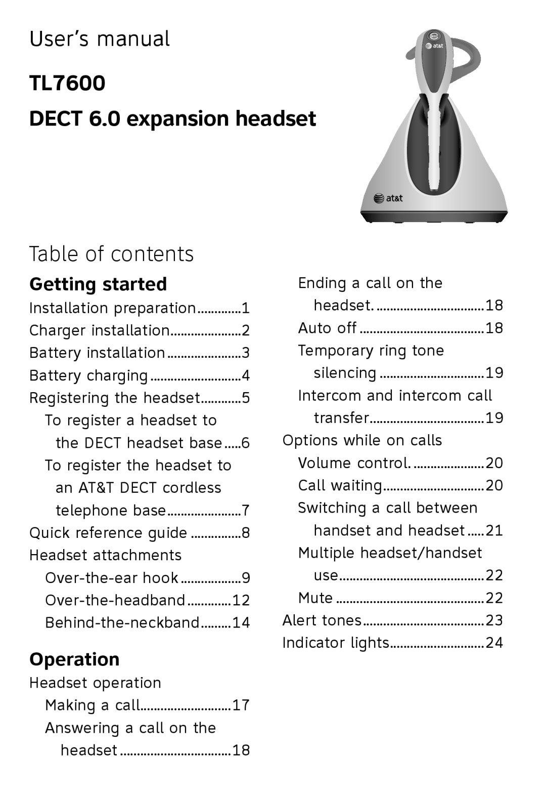 AT&T user manual Table of contents, Getting started, Operation, TL7600 DECT 6.0 expansion headset 