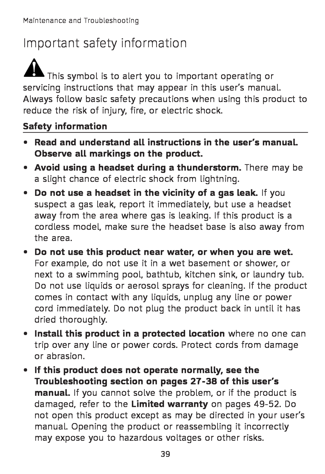 AT&T TL7600 user manual Important safety information 