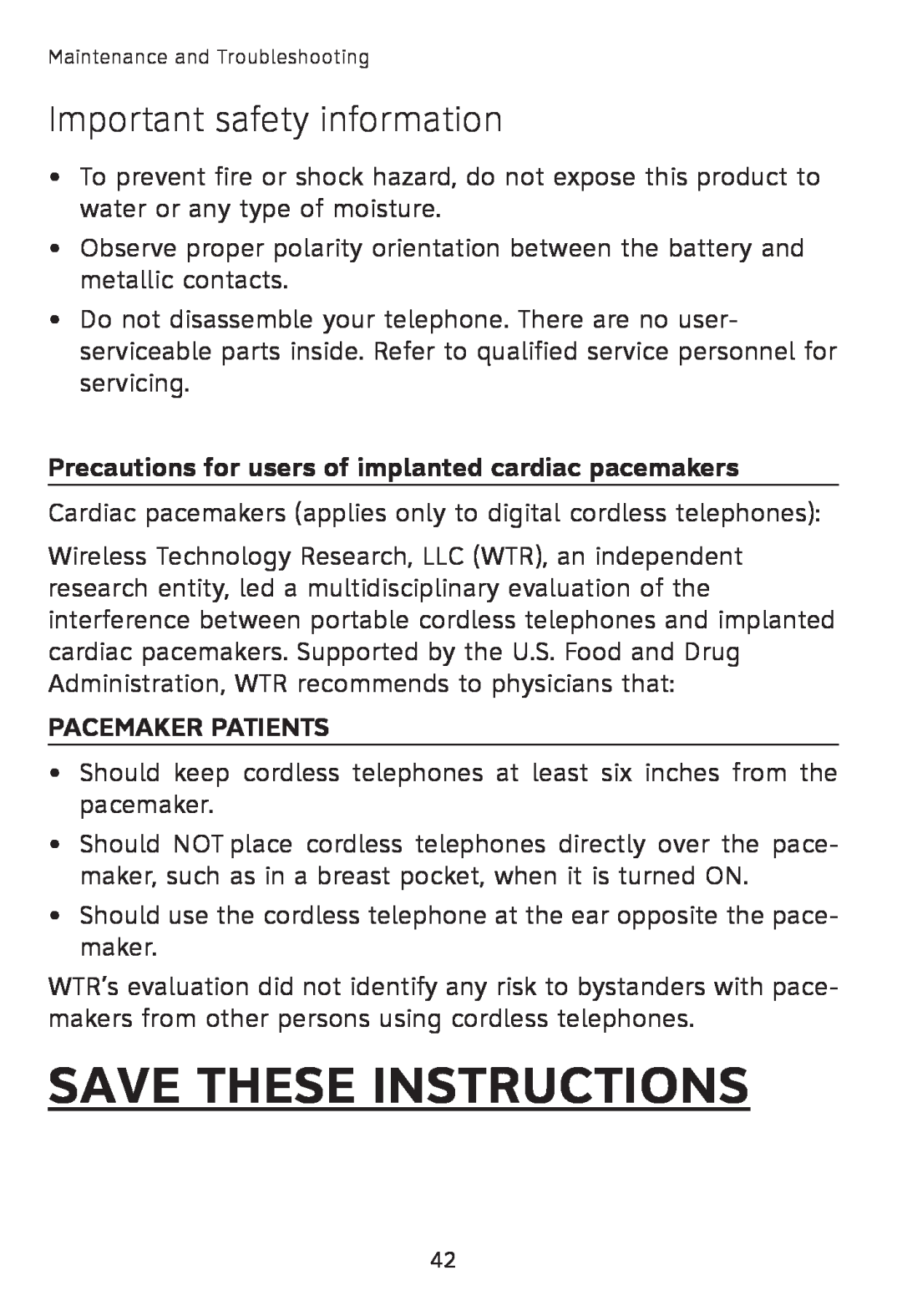 AT&T TL7600 user manual Save These Instructions, Important safety information, Pacemaker Patients 
