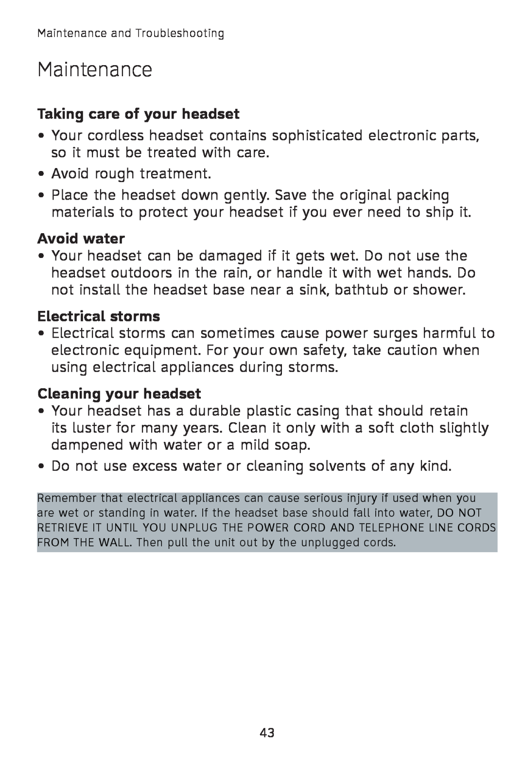 AT&T TL7600 user manual Maintenance, Taking care of your headset, Avoid water, Electrical storms, Cleaning your headset 