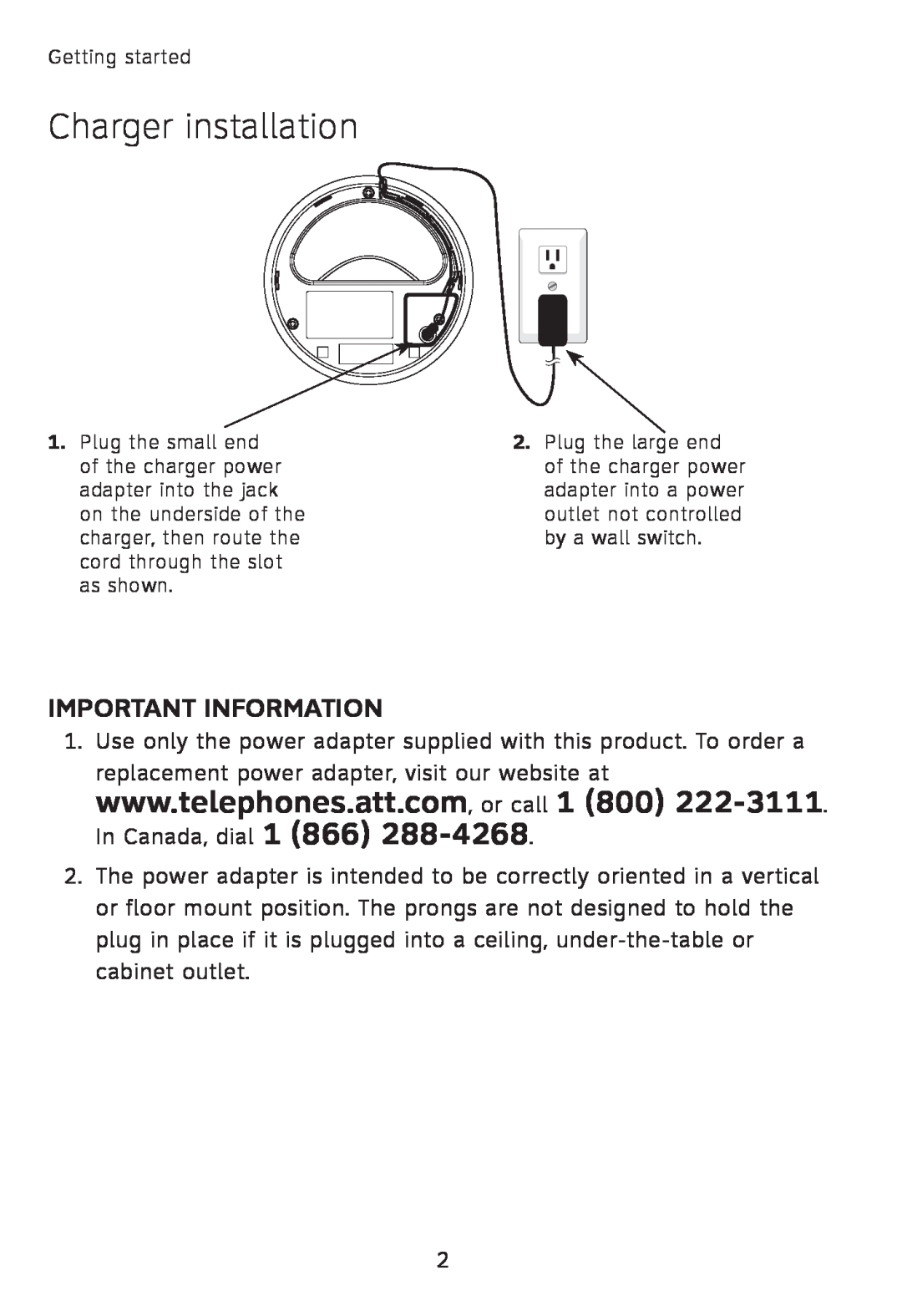 AT&T TL7600 user manual Charger installation 