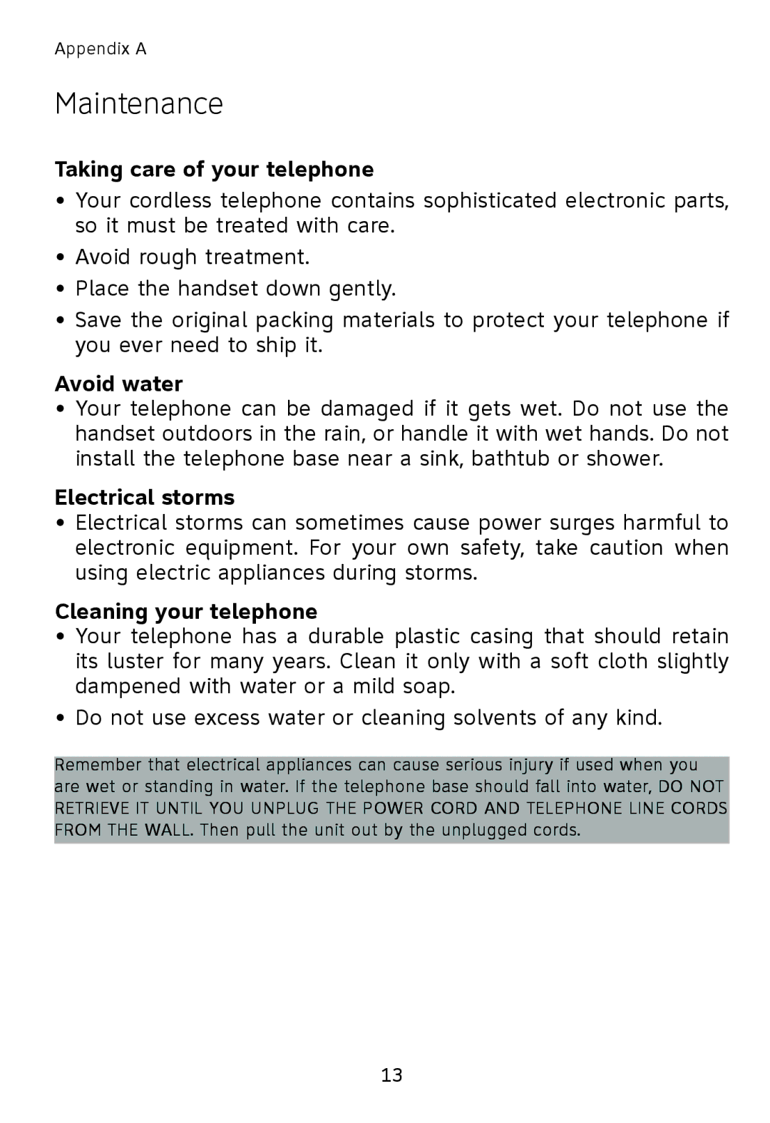 AT&T TL76008 Maintenance, Taking care of your telephone, Avoid water, Electrical storms, Cleaning your telephone 