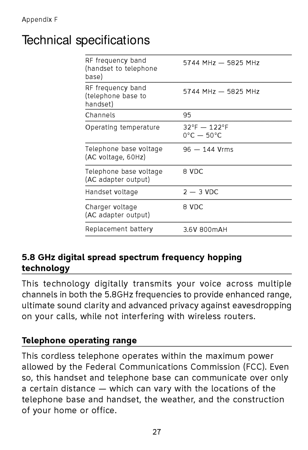 AT&T TL76008 Technical specifications, GHz digital spread spectrum frequency hopping technology, Telephone operating range 