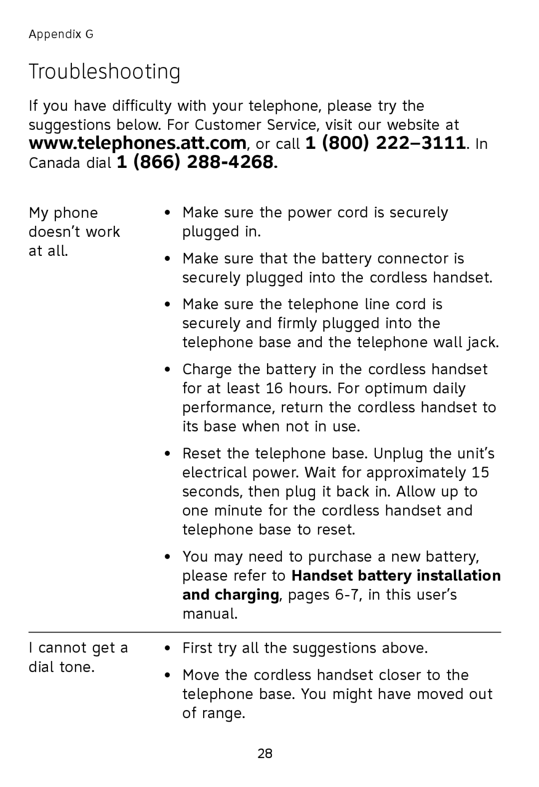 AT&T TL76008 user manual Troubleshooting, Please refer to Handset battery installation 