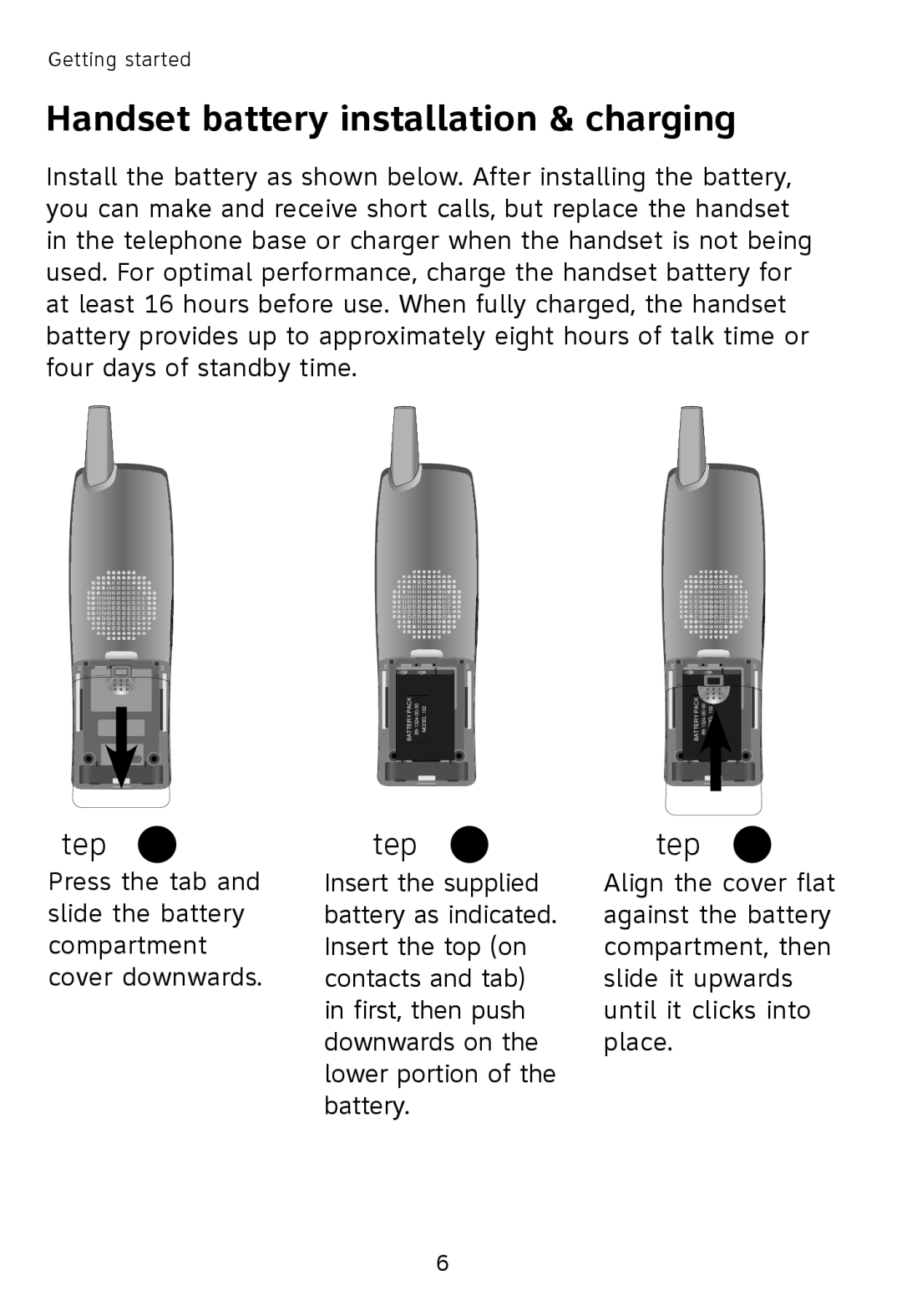 AT&T TL76008 user manual Handset battery installation & charging, Step 