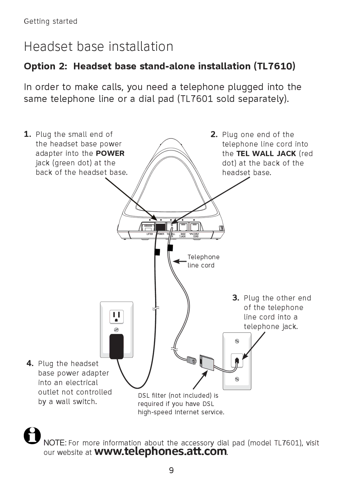 AT&T TL7611 user manual Option 2 Headset base stand-alone installation TL7610 