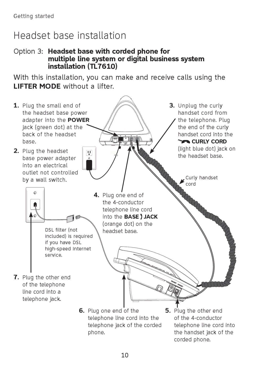 AT&T TL7610, TL7611 user manual Curly Cord light blue dot jack on the headset base 