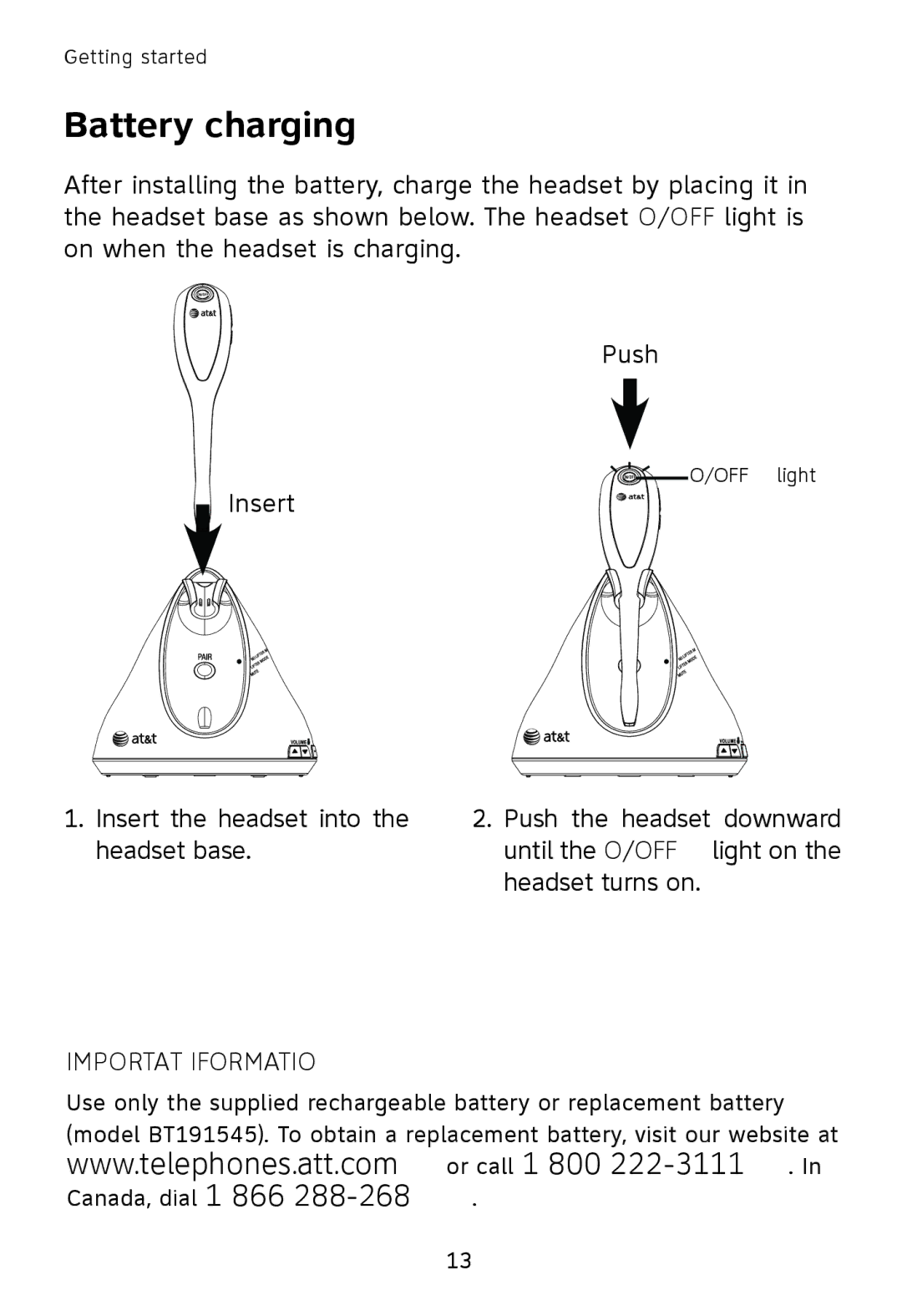 AT&T TL7611, TL7610 user manual Battery charging, Important Information 