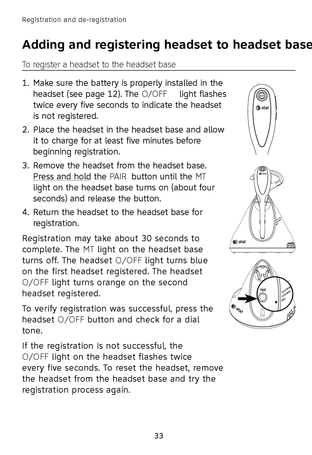 AT&T TL7611, TL7610 user manual Adding and registering headset to headset base, To register a headset to the headset base 