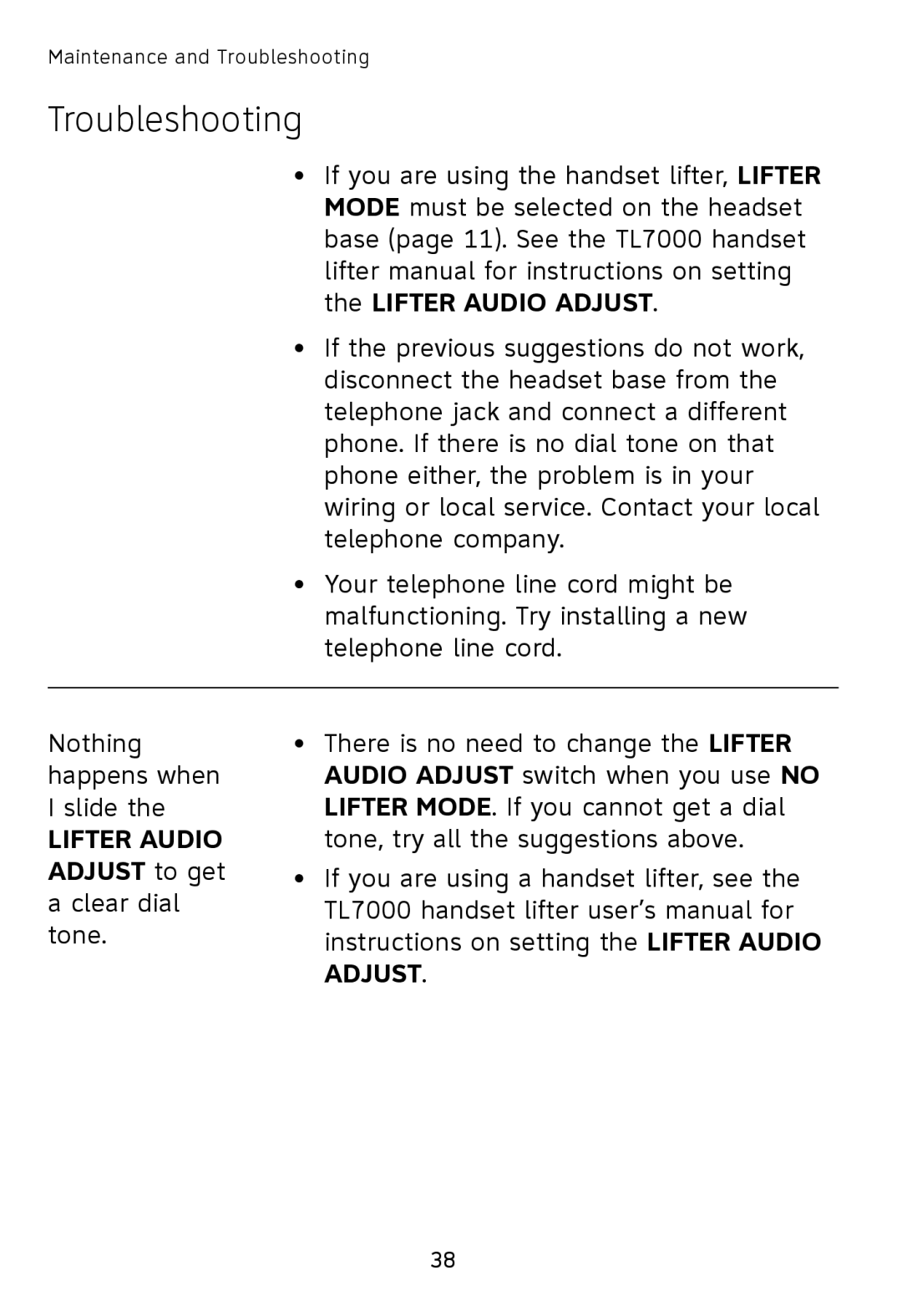 AT&T TL7610, TL7611 user manual Lifter Audio Adjust to get a clear dial tone 