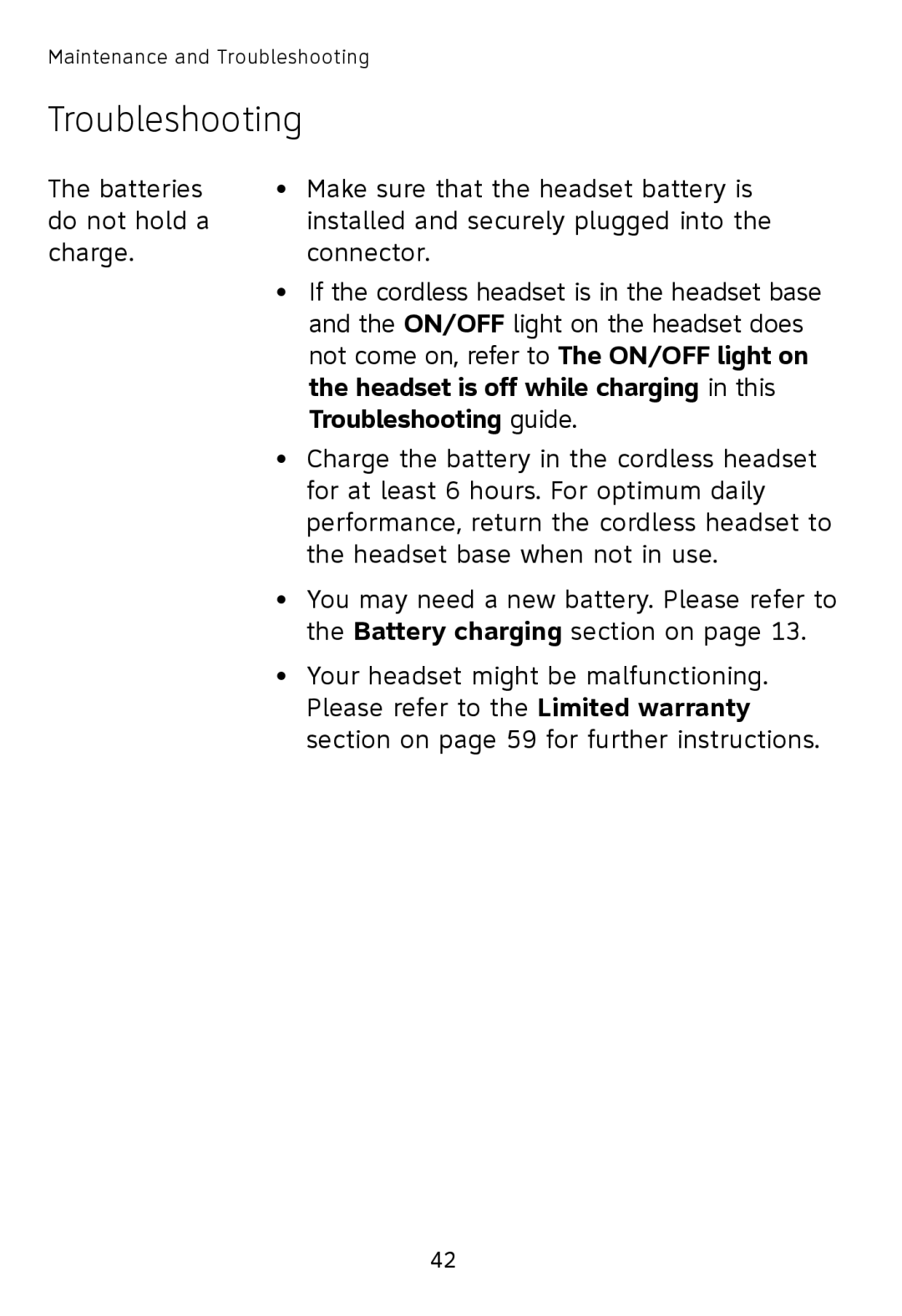 AT&T TL7610, TL7611 user manual Headset is off while charging in this, Troubleshooting guide 