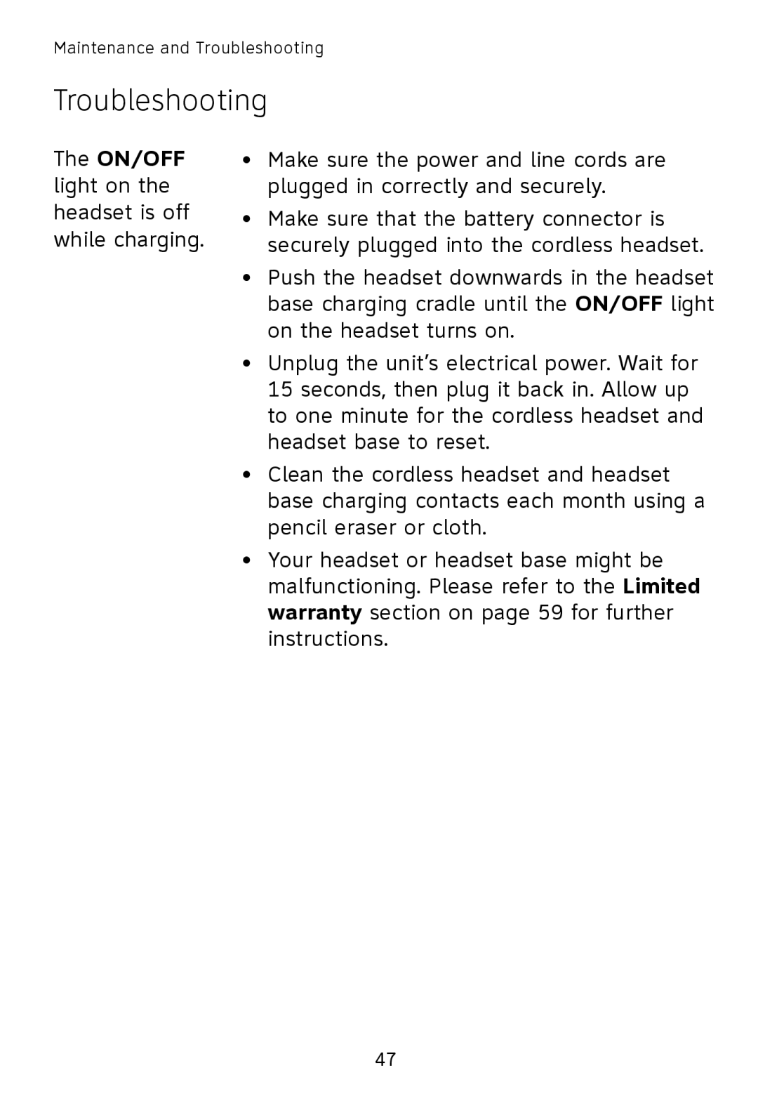 AT&T TL7611, TL7610 user manual ON/OFF light on the headset is off while charging 