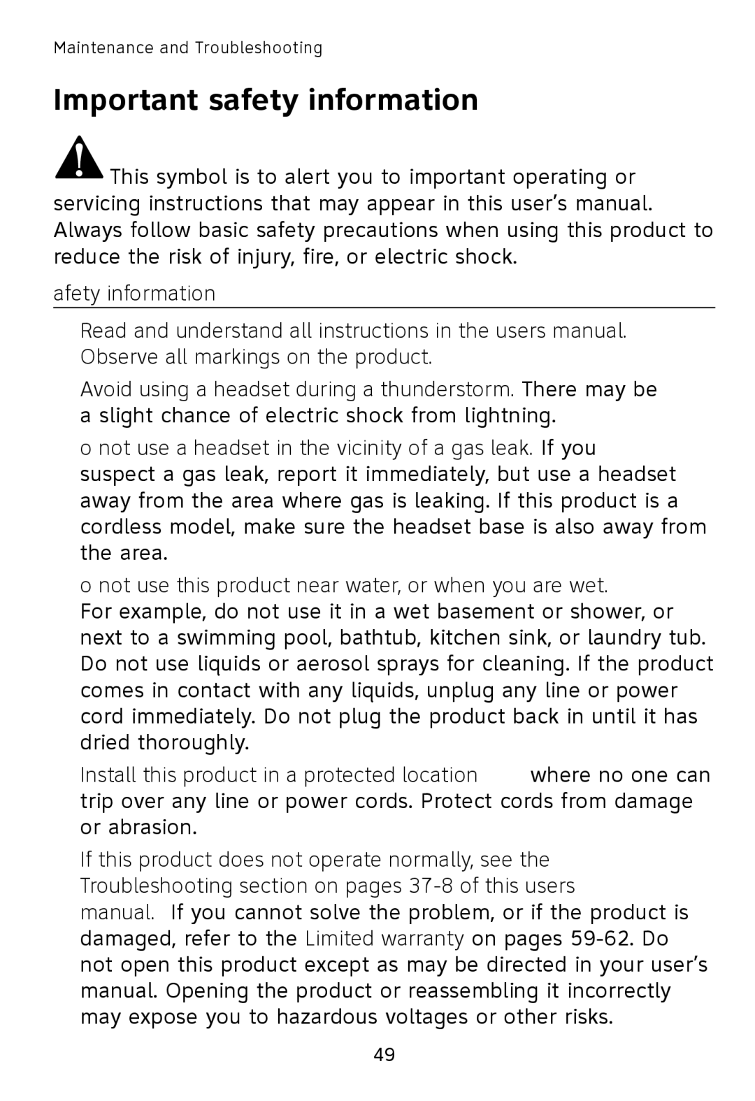 AT&T TL7611, TL7610 user manual Important safety information 