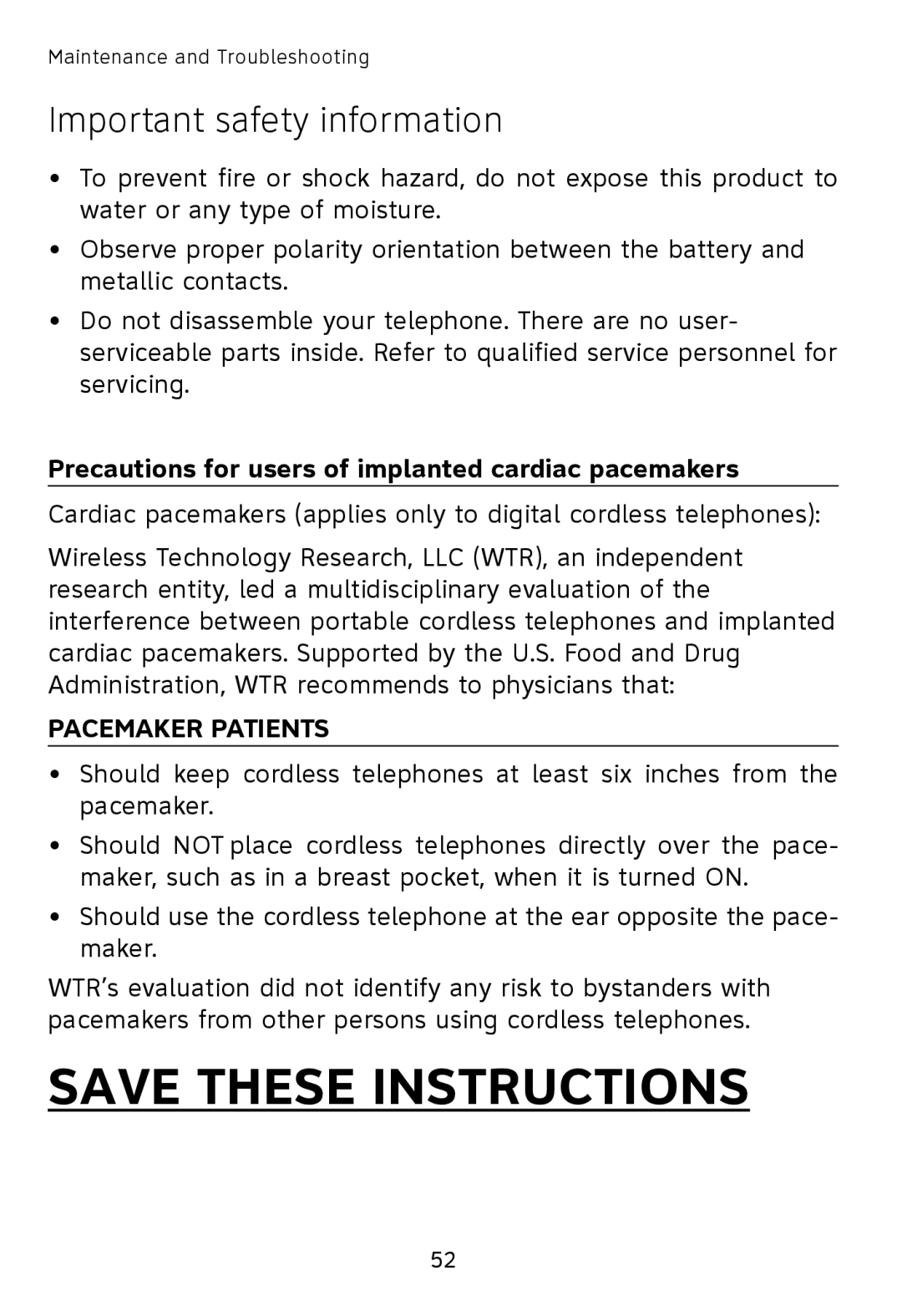 AT&T TL7610, TL7611 user manual Precautions for users of implanted cardiac pacemakers, Pacemaker Patients 