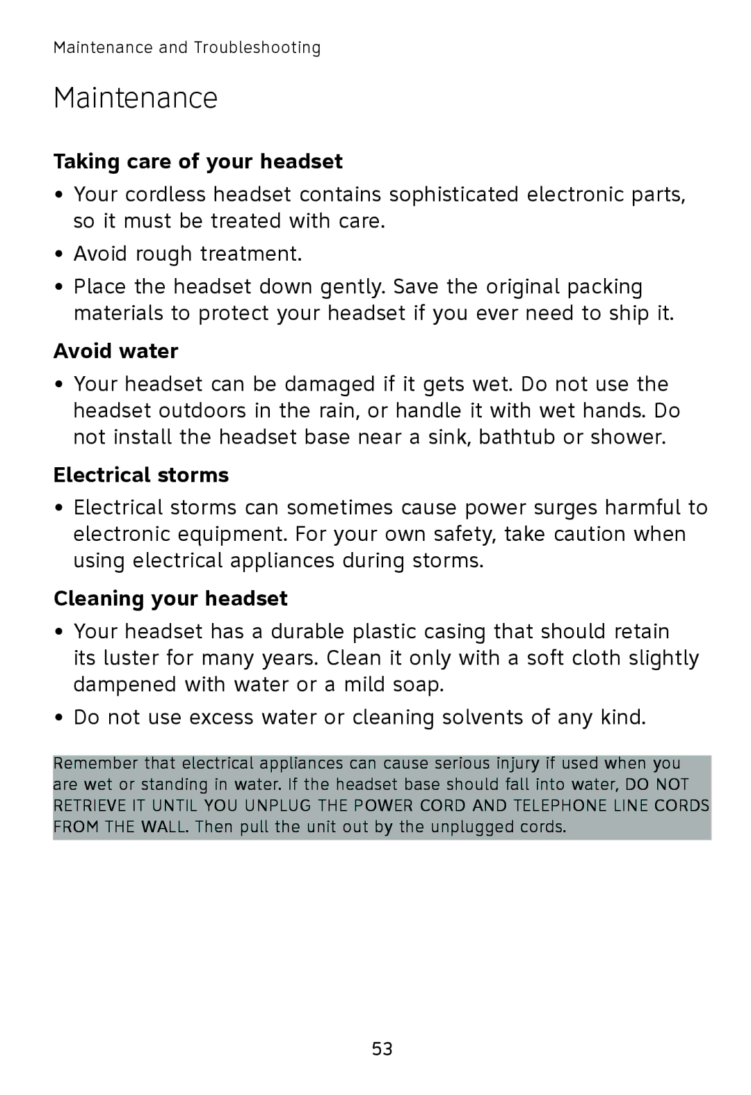 AT&T TL7611, TL7610 Maintenance, Taking care of your headset, Avoid water, Electrical storms, Cleaning your headset 