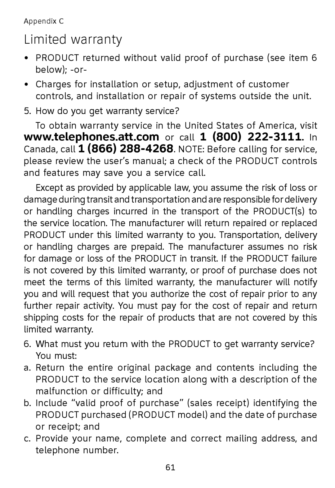 AT&T TL7611, TL7610 user manual Limited warranty 