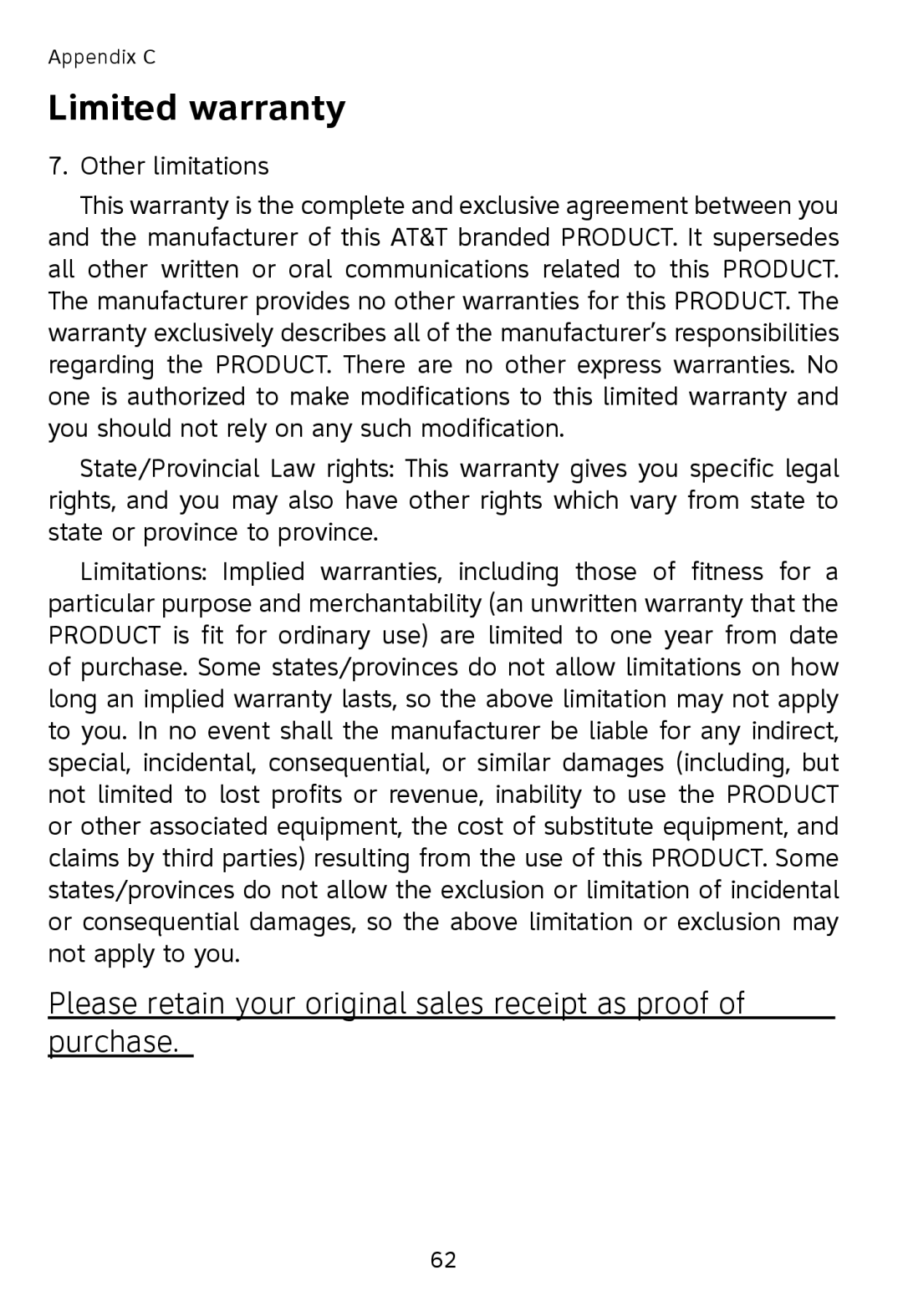 AT&T TL7610, TL7611 user manual Other limitations 