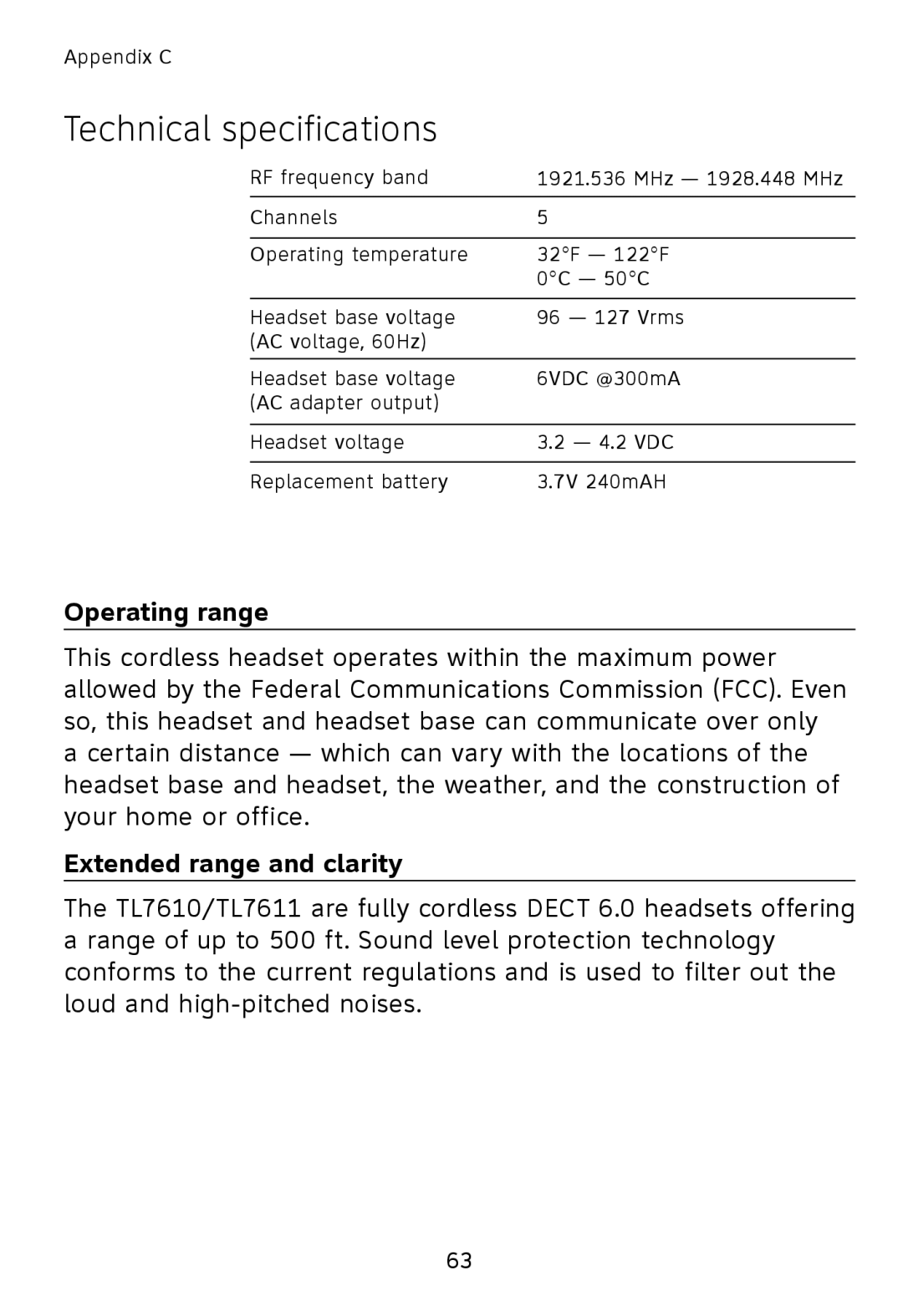 AT&T TL7611, TL7610 user manual Technical specifications, Operating range, Extended range and clarity 