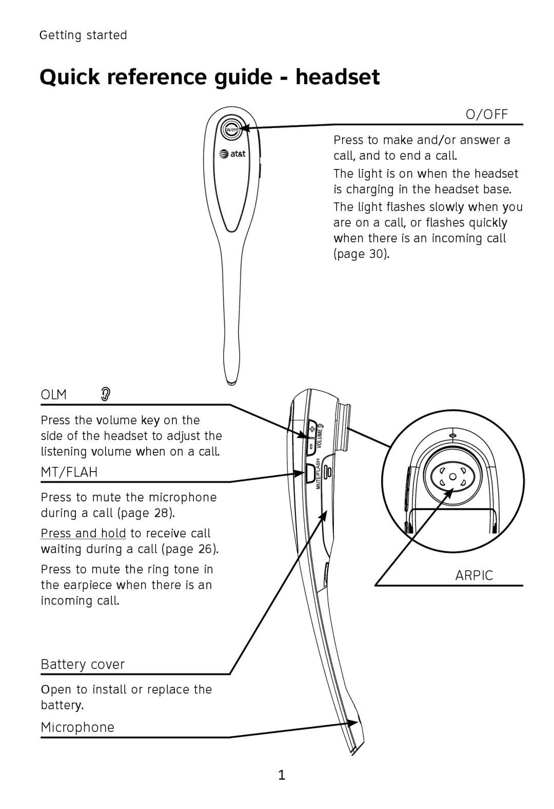 AT&T TL7611, TL7610 user manual Quick reference guide headset, On/Off 