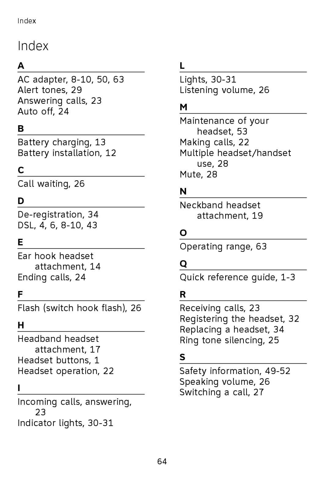 AT&T TL7610, TL7611 user manual Index 