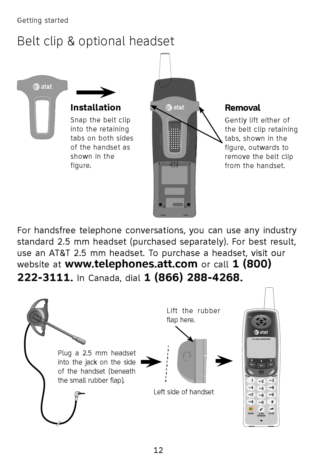 AT&T TL76108 user manual Belt clip & optional headset, Installation, Removal 