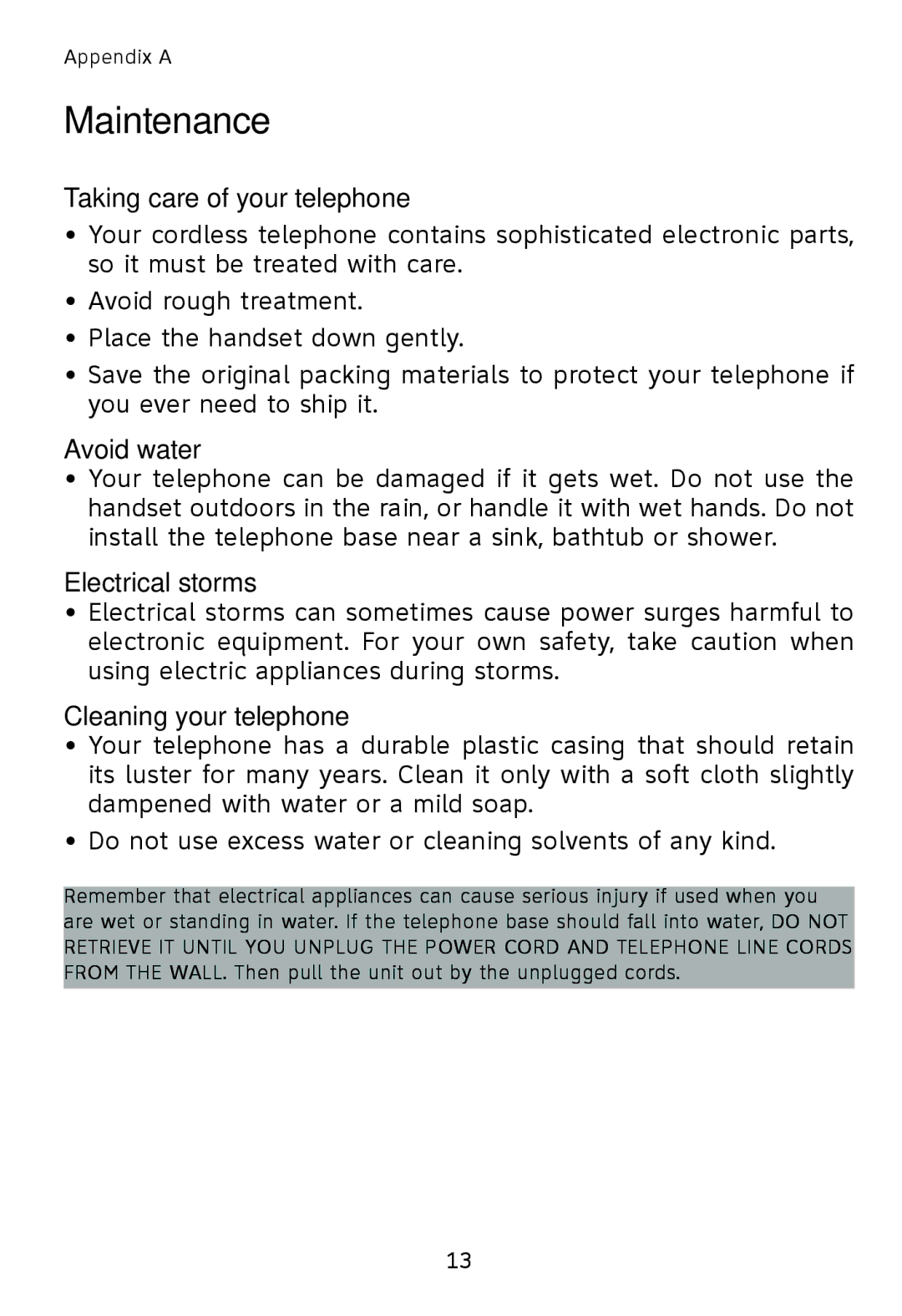 AT&T TL76108 Maintenance, Taking care of your telephone, Avoid water, Electrical storms, Cleaning your telephone 